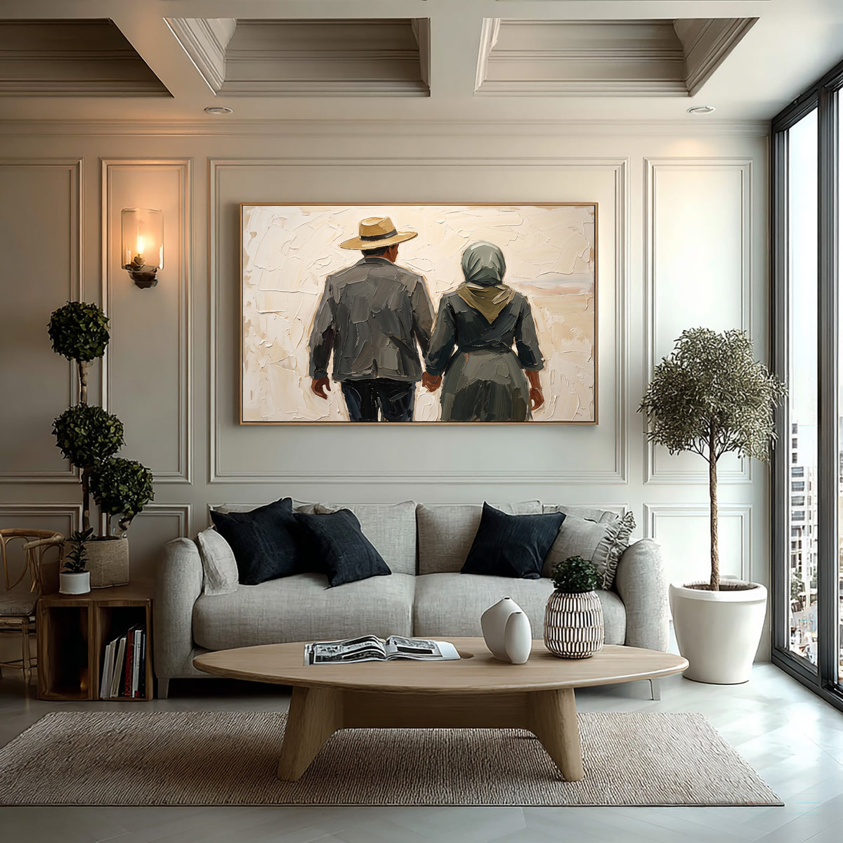 Large Rustic Couple Holding Hands Wall Art Textured Oil Painting Vintage Americana Figurative Portrait Western Inspired Modern Farmhouse Decor