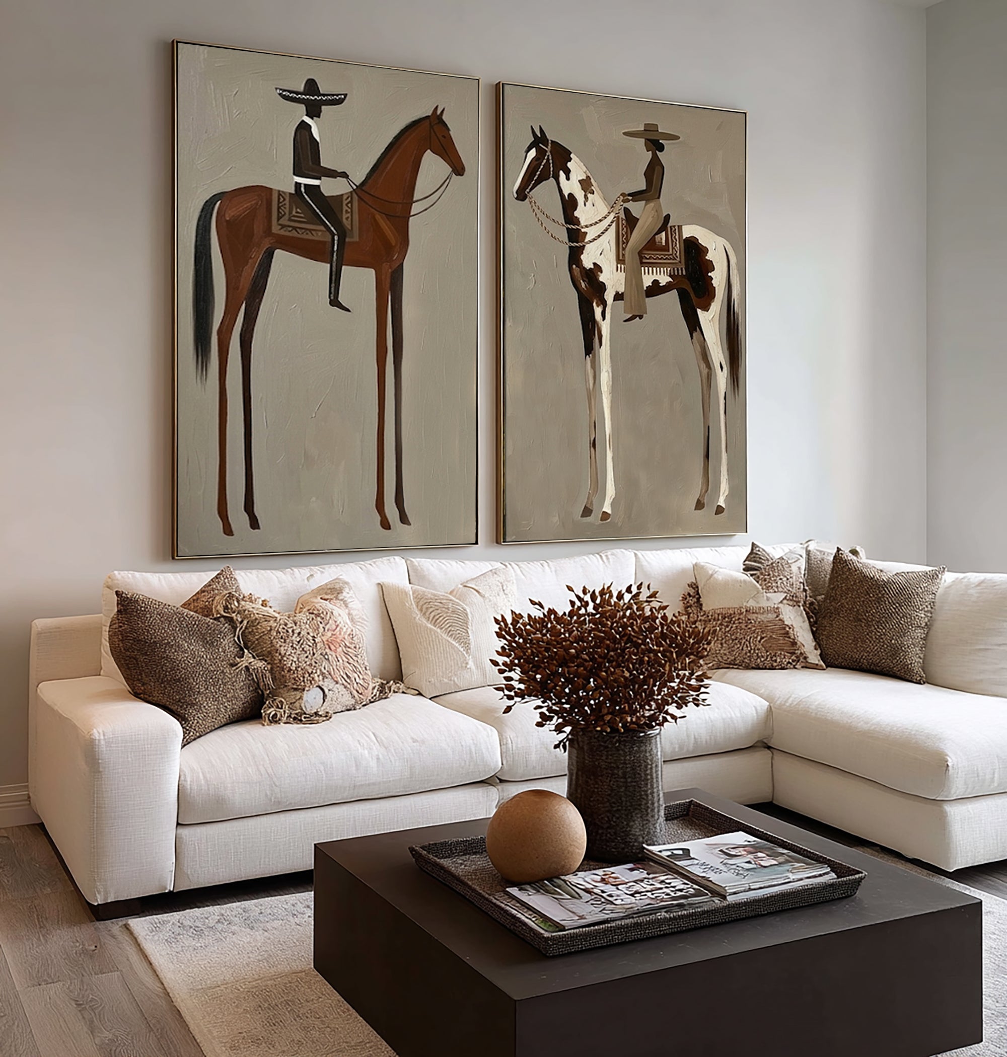 Large Cowboy Horse Wall Art Contemporary Western Diptych Canvas Painting