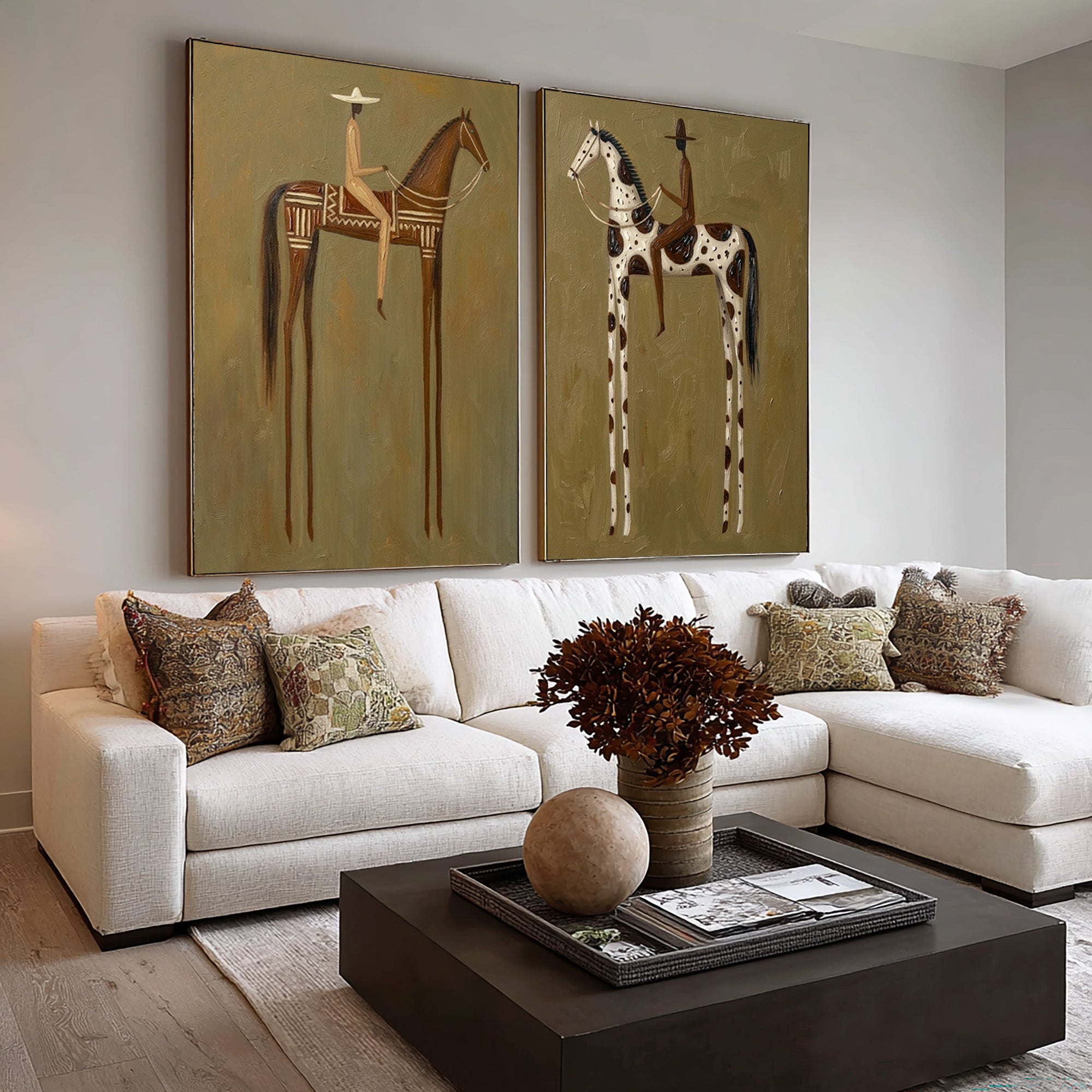 Large Contemporary Cowboy Horse Wall Art Minimalist Western Canvas Diptych