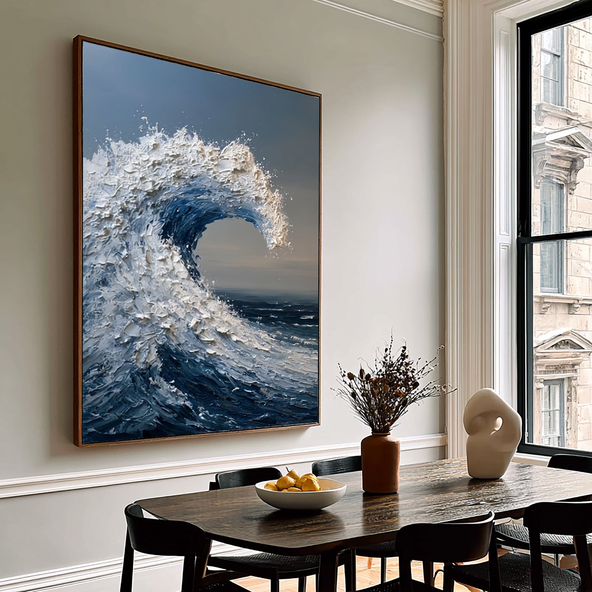 Large Coastal Ocean Wave Wall Art Textured Oil Painting Blue Sea Artwork Modern Beach House Decor Luxury Interior Design