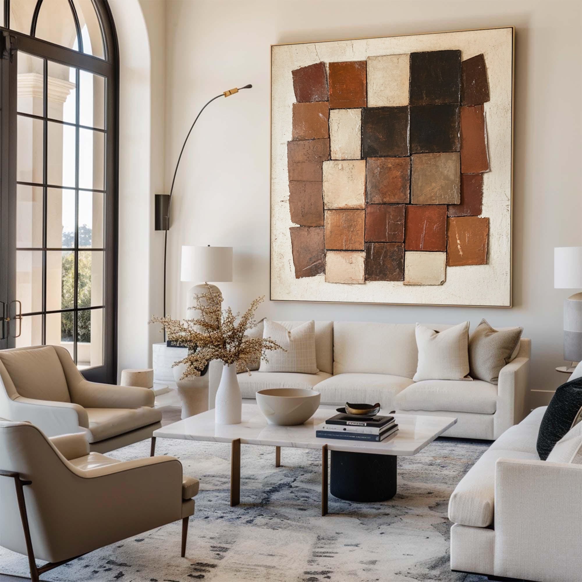 Large Textured Abstract Oil Painting in Earth Tones, Geometric Modern Wall Art for Living Room #WAC 007