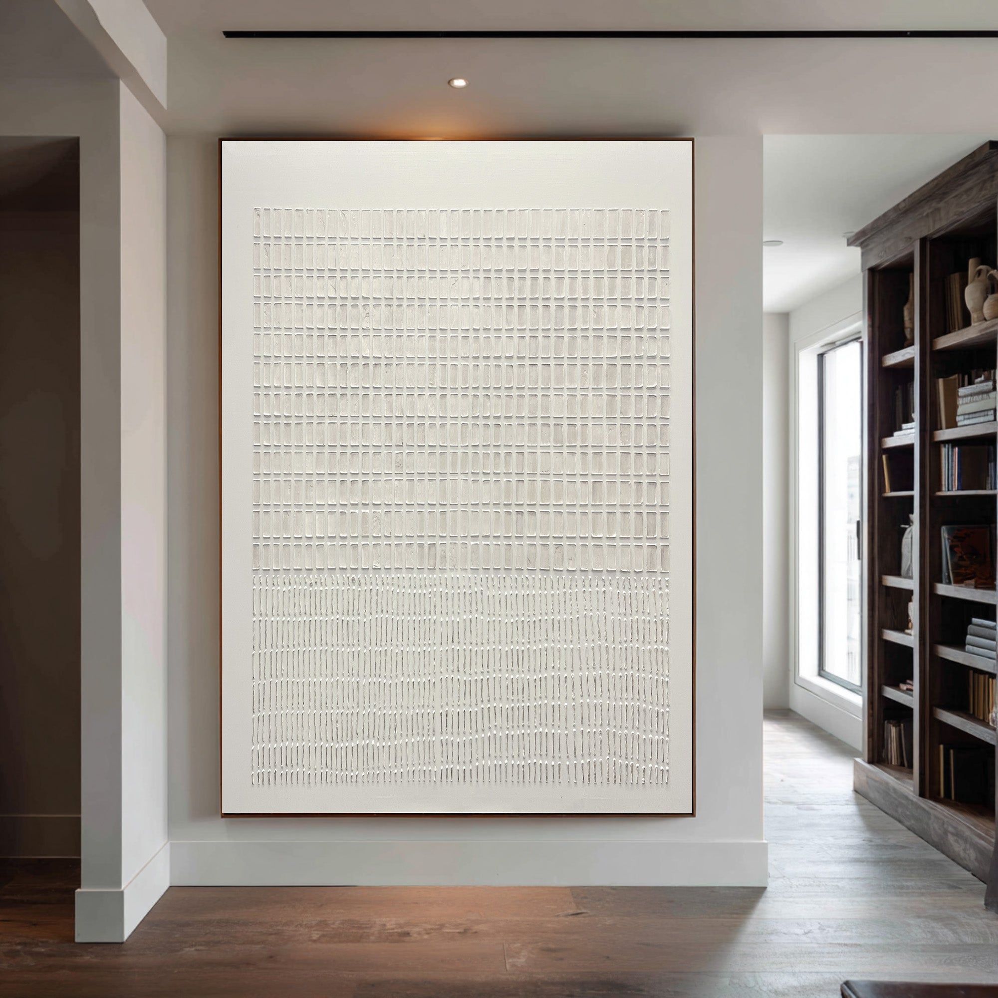 Large Modern Abstract Oil Painting, Beige Textured Grid Luxury Wall Art for Living Room #WAC 024
