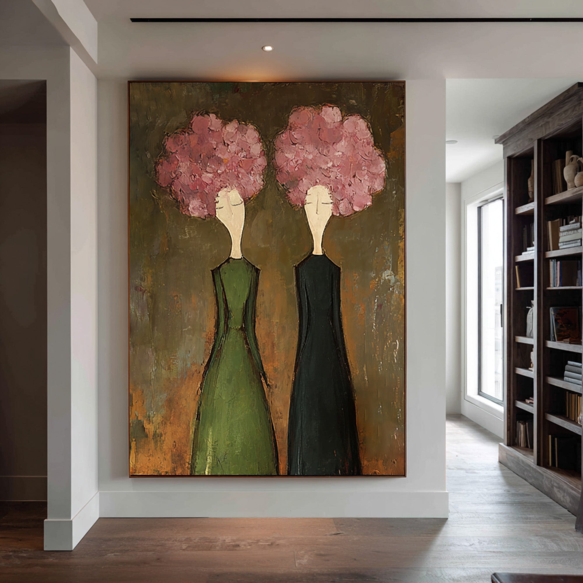 Large Modern Floral Portrait Oil Painting on Canvas – Green Dress Statement Wall Art #WAC 042