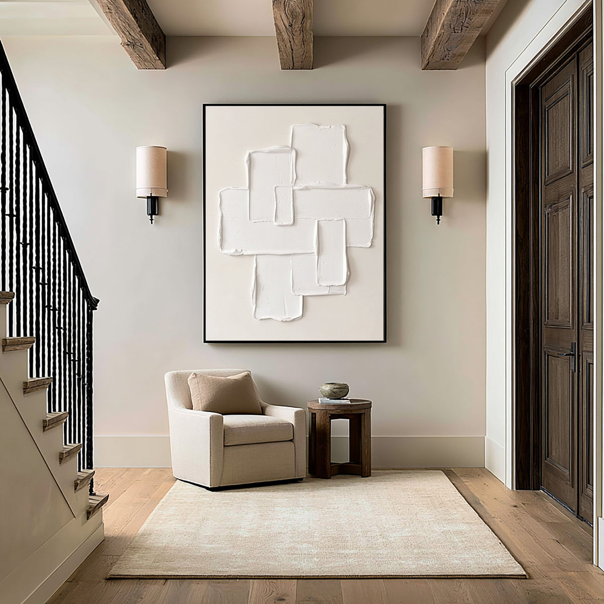 Large Minimalist Geometric Textured Relief Wall Art Ivory Cream Abstract Oil Painting Sculptural 3D Modern Luxury Home Decor