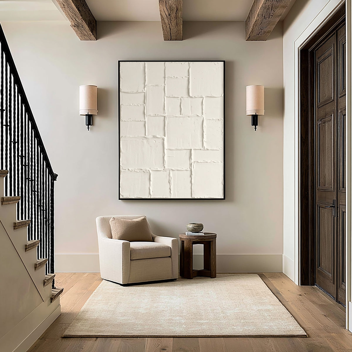 Large Neutral Geometric Patchwork Relief Wall Art Ivory Cream Abstract Oil Painting Raised Rectangular Blocks Textured Sculptural Artwork Modern Minimalist Luxury Home Decor