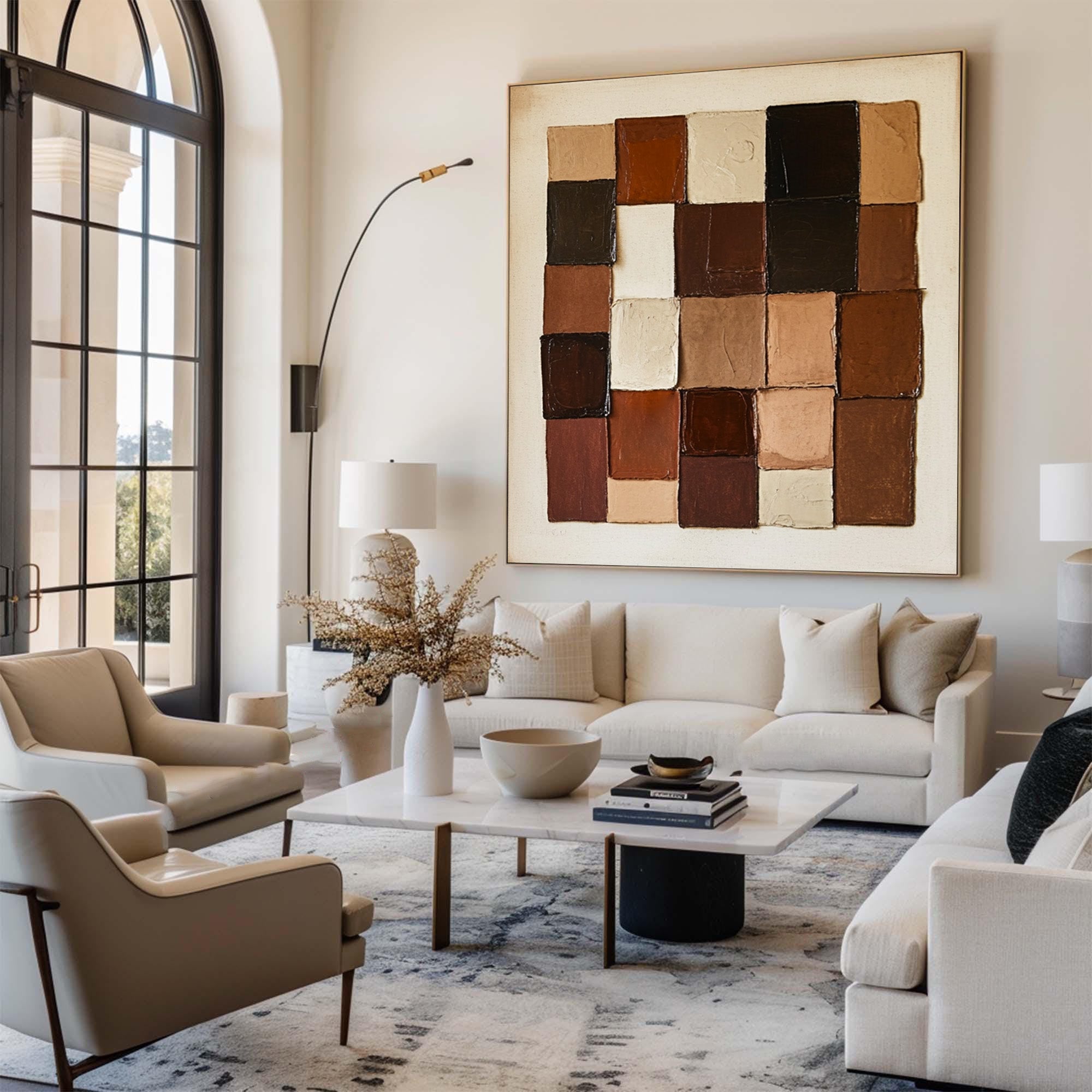 Large Geometric Block Abstract Oil Painting, Earth Tone Wall Art for Modern Entryway Decor #WAC 010