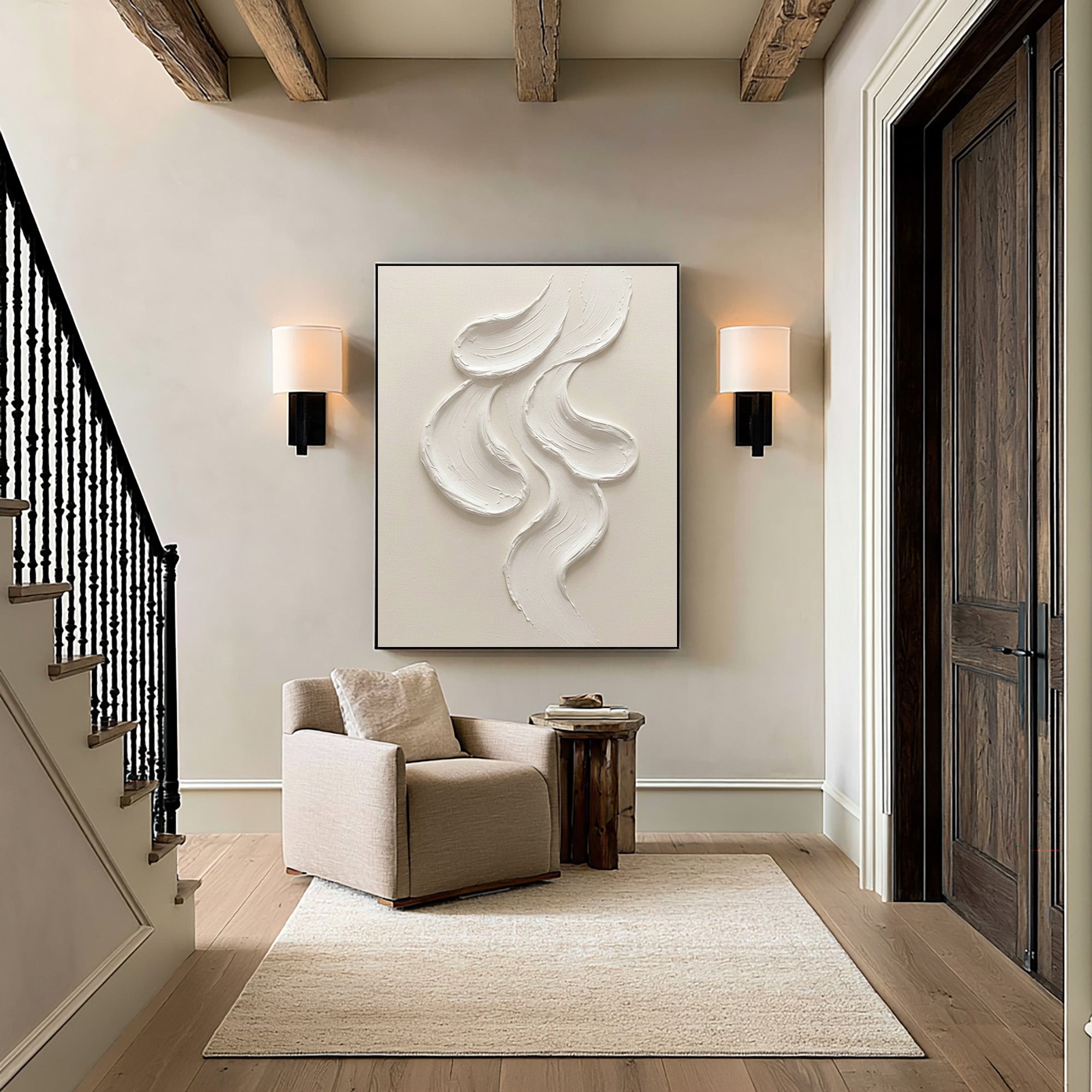 Large Abstract White Wall Art Textured Oil Painting Minimalist Sculptural Artwork Modern Neutral Contemporary Interior Decor