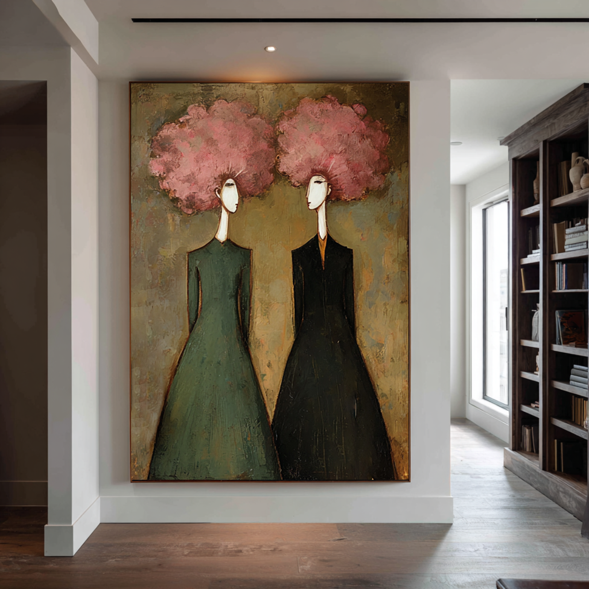 Large Abstract Pink Portrait Oil Painting – Green and Black Modern Wall Art Decor #WAC 044