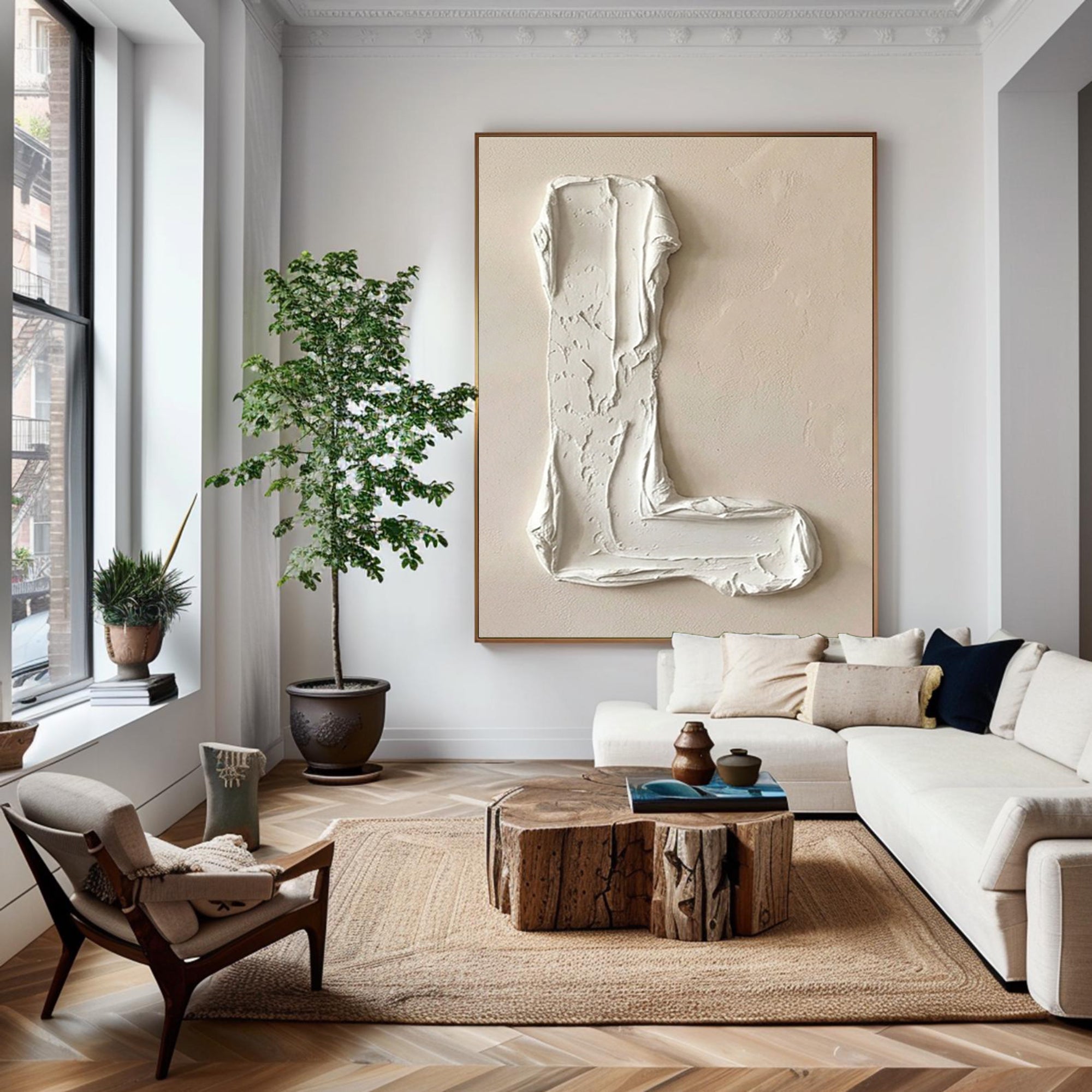 Large Beige Abstract Oil Painting – Minimalist Hand Painted Wall Art
