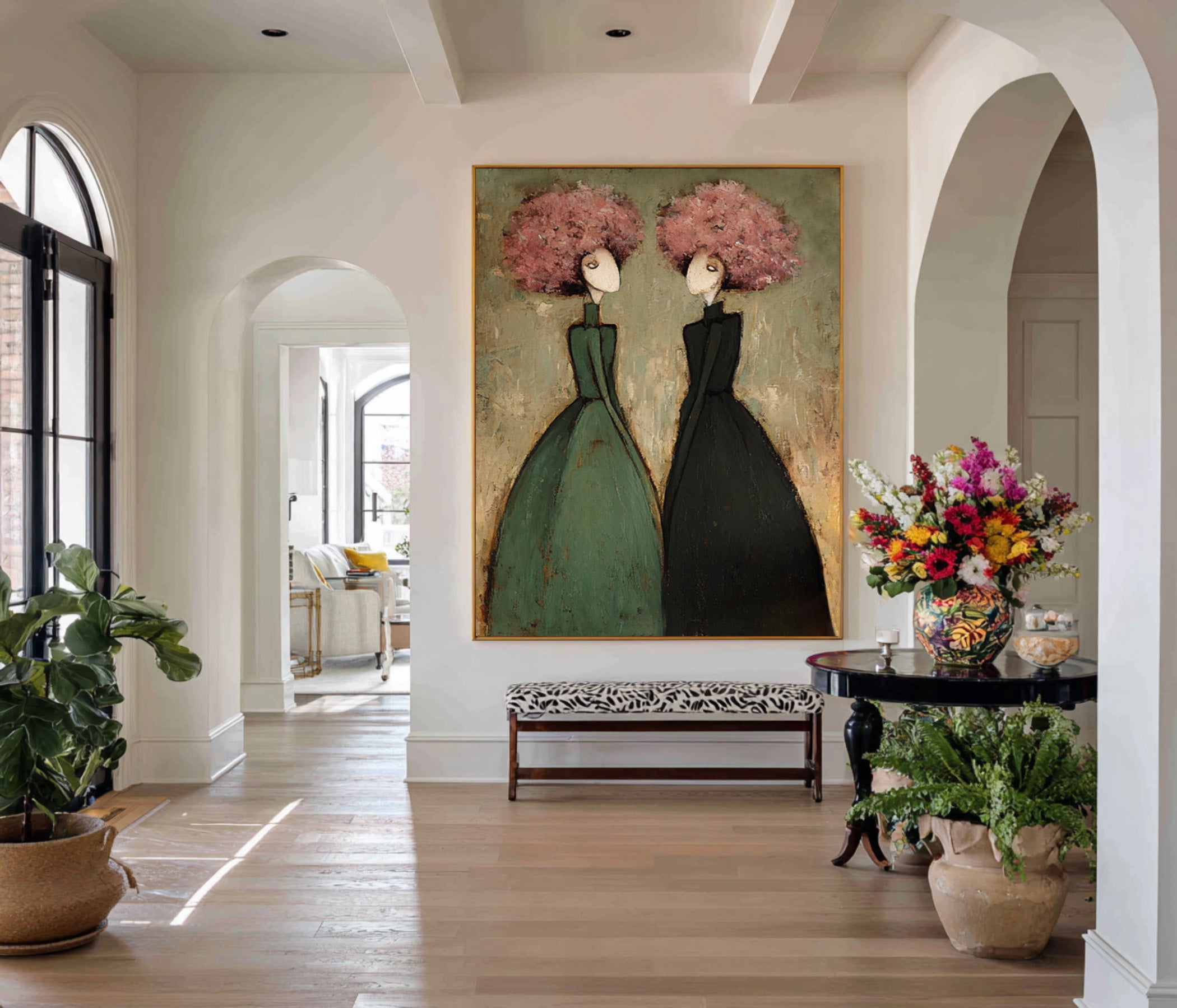 Large Contemporary Portrait Oil Painting on Canvas – Green and Pink Modern Wall Art #WAC 035