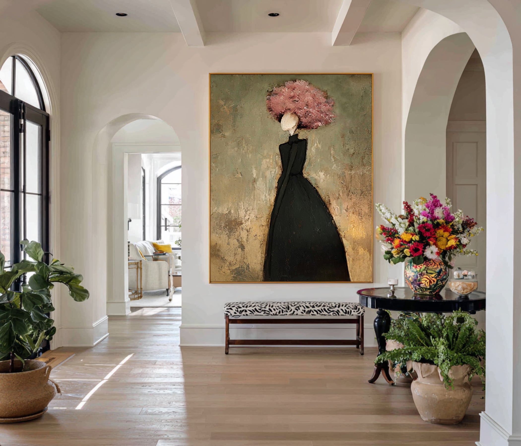 Large Floral Woman Wall Art Black Dress Portrait Oil Painting Modern Abstract Figurative Contemporary Decor