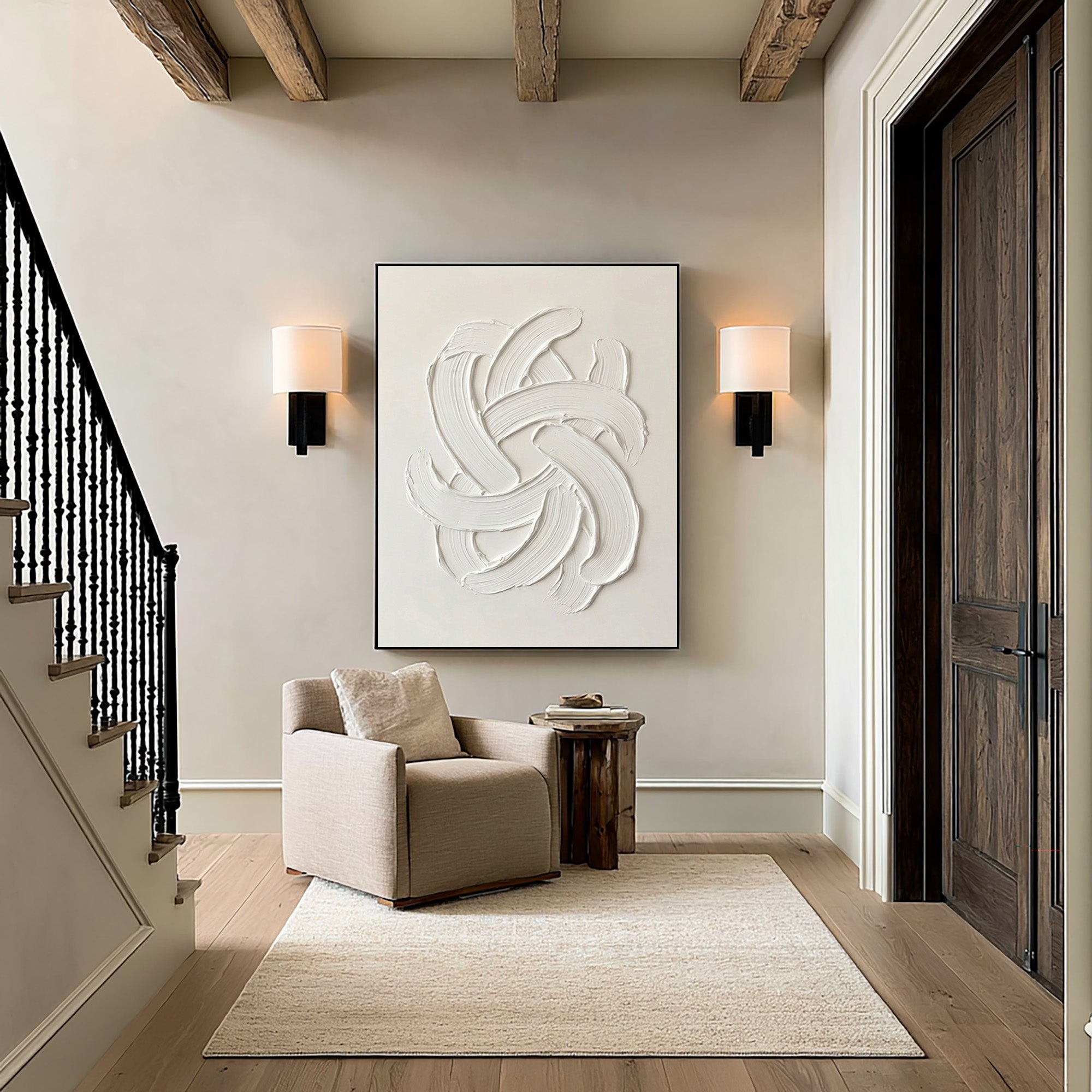 Large Modern White Abstract Wall Art Textured Oil Painting 3D Sculptural Relief Minimalist Contemporary Interior Artwork