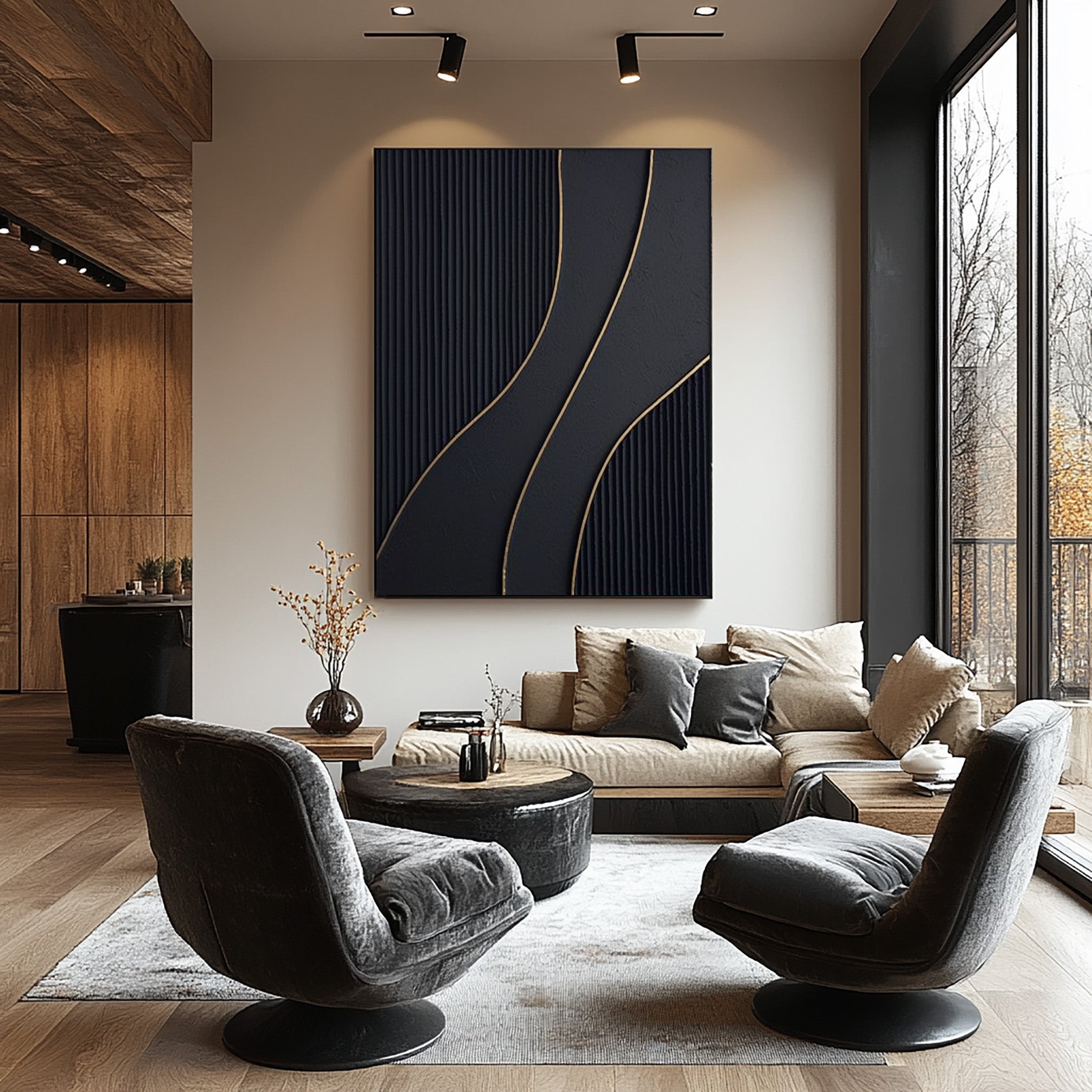 Elegant Black Wall Art with Golden Swirls | Luxurious & Modern #BBA 095