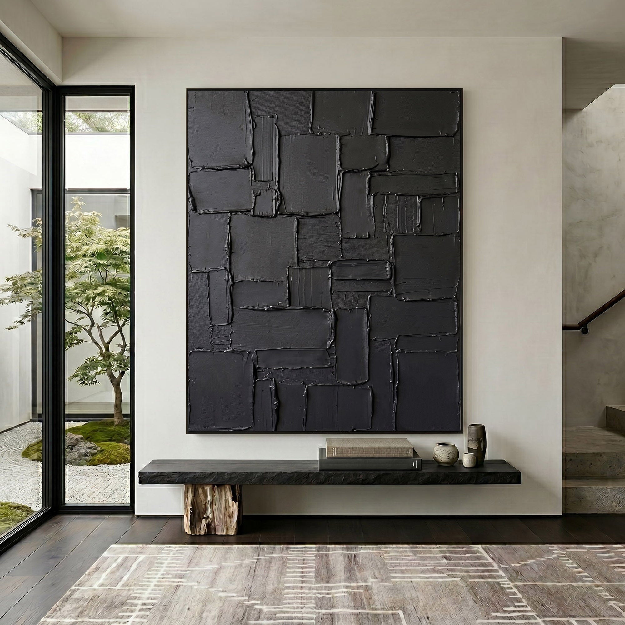 Black Textured Wall Art Abstract Plaster Relief Painting Modern 3D Impasto Minimalist Luxury Decor