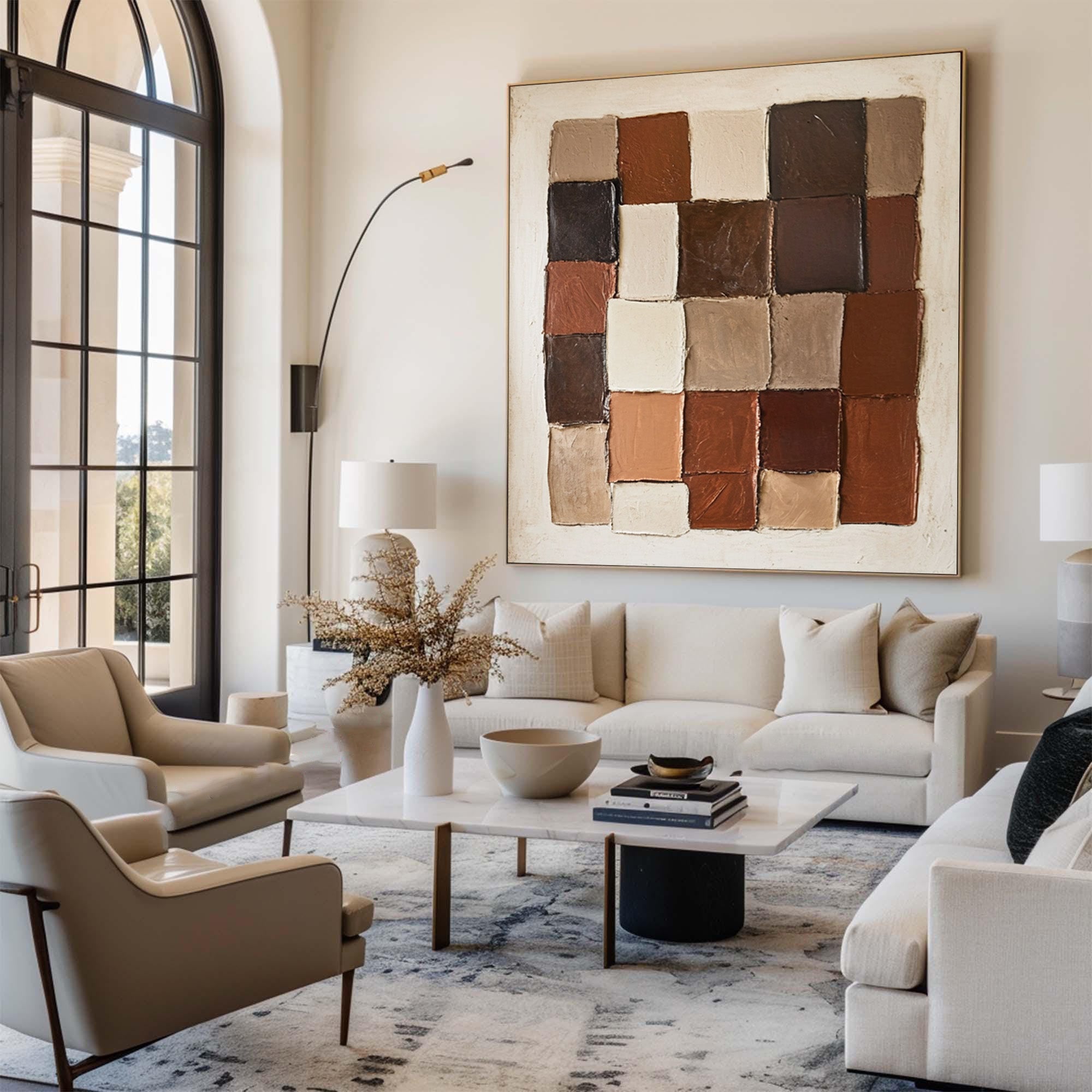 Large Modern Abstract Oil Painting, Earth-Tone Geometric Wall Art for Contemporary Interiors #WAC 008