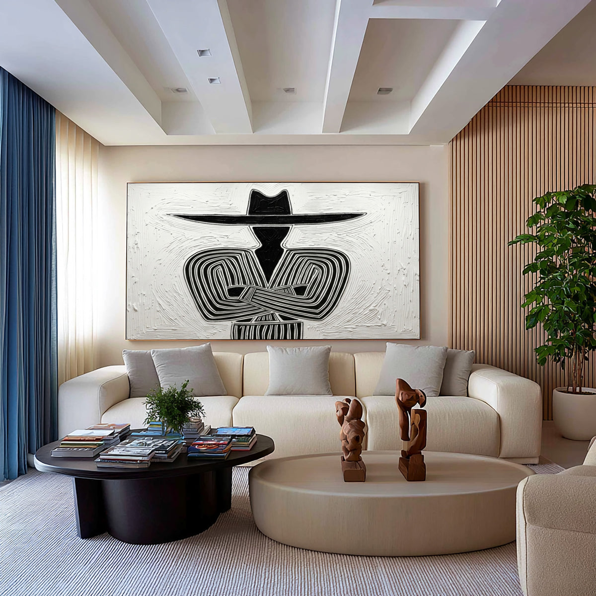 Large Textured Cowboy Portrait Minimalist Black White Western Wall Art