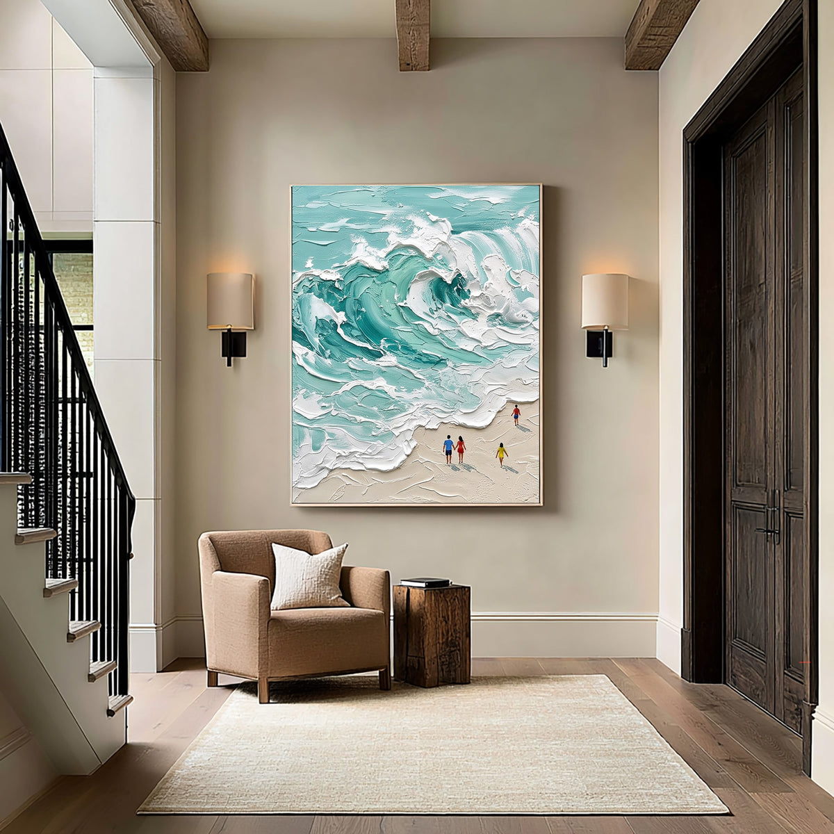Large Turquoise Ocean Waves Textured Wall Art Coastal Seascape Oil Painting Beach Scene Artwork Modern Luxury Home Decor