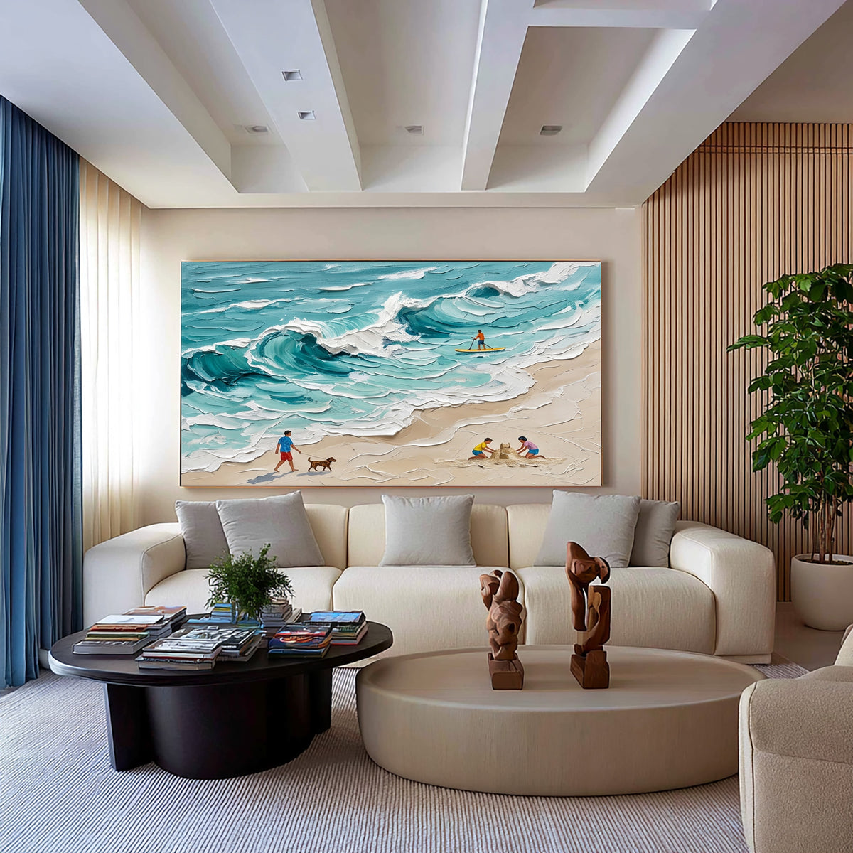 Large Textured Beach Painting Hand Painted Ocean Wave Coastal Wall Art
