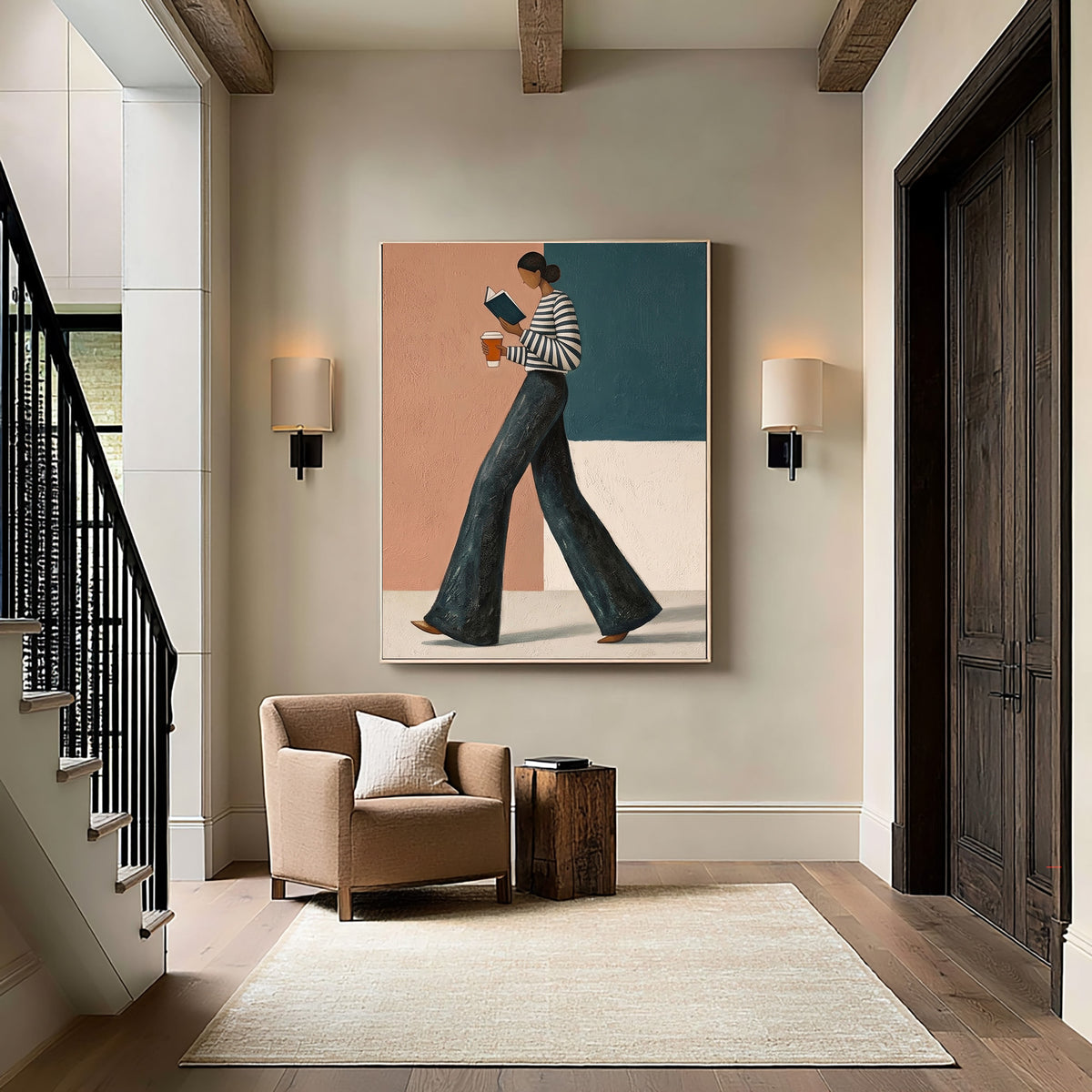 Modern Fashion Woman Reading Book Coffee Wall Art