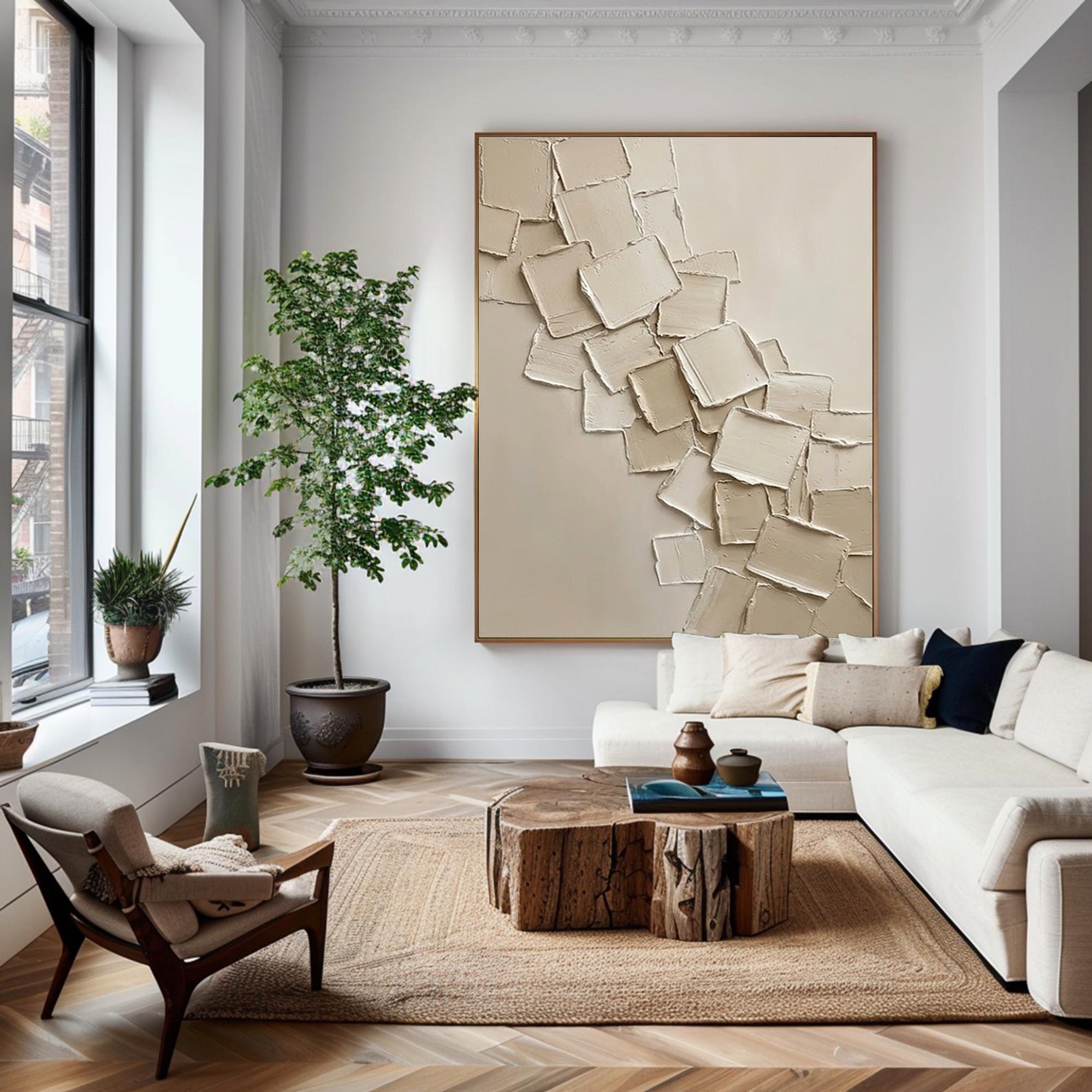 Large Neutral Textured Oil Painting – Beige Minimalist Abstract Wall Art
