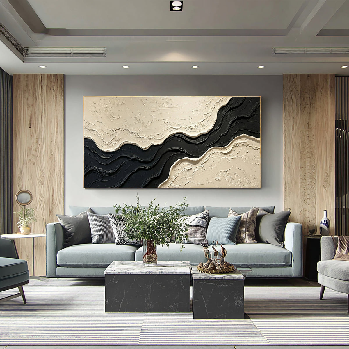 Large Architectural Textured Abstract Wall Art Black Ivory Oil Painting Contemporary Minimalist Artwork Luxury Interior Decor