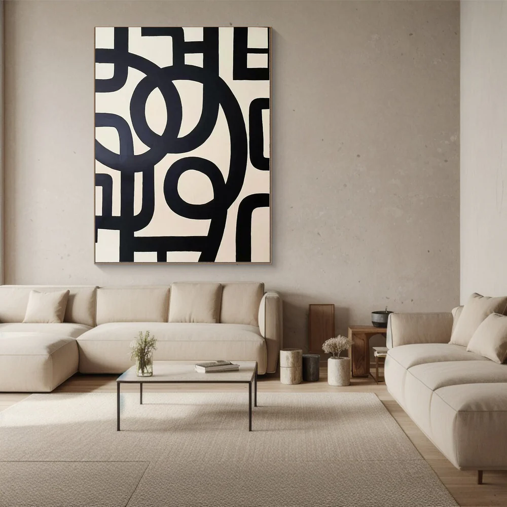 Large Modern Abstract Oil Painting, Black and White Geometric Wall Art for Living Room #WAC 031