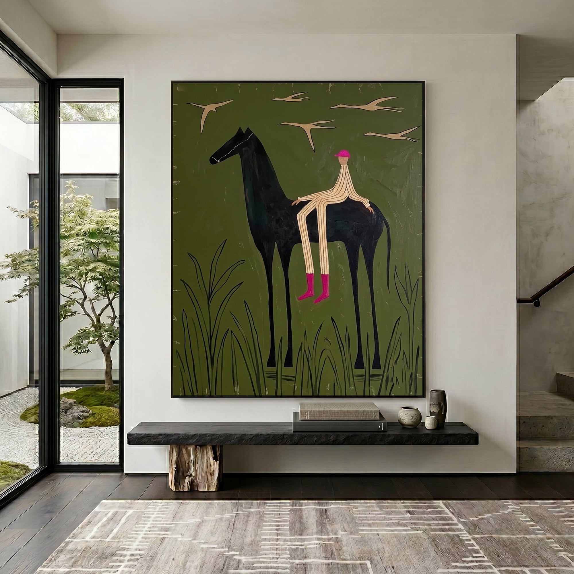 Large Cowboy Horse Wall Art Minimalist Western Oil Painting Contemporary Ranch Decor