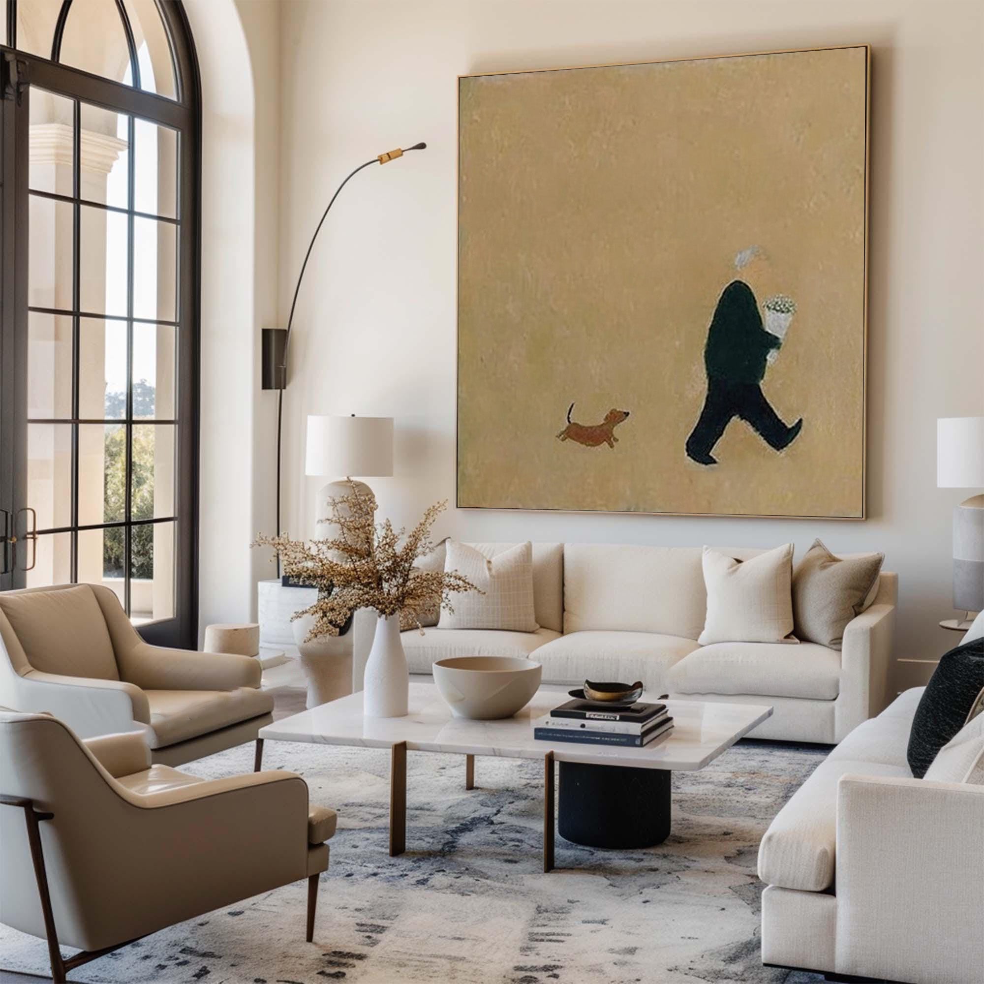 Large Minimalist Figure and Dog Abstract Oil Painting, Warm Modern Wall Art for Home Decor #WAC 015