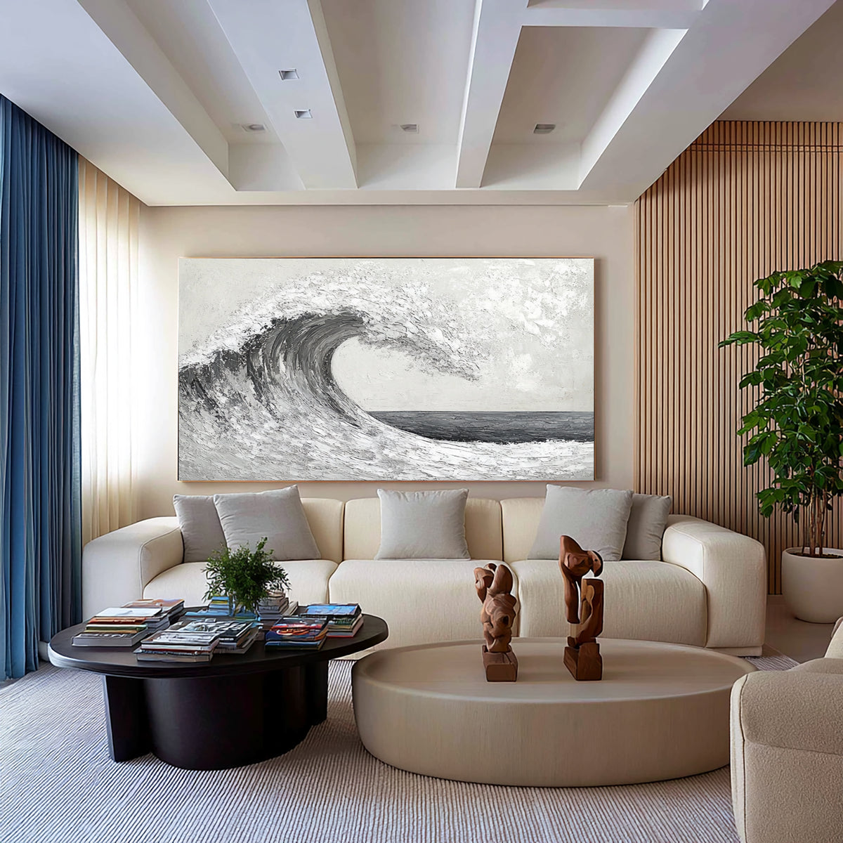 Black White Ocean Wave Textured Oil Painting Large Seascape Wall Art Hand Painted Coastal Artwork