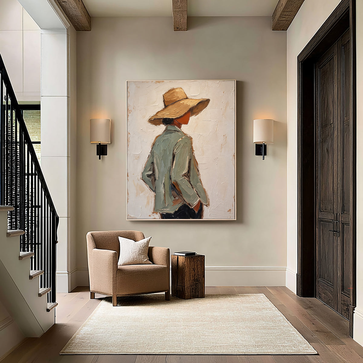 Large Textured Western Oil Painting Cowboy Hat Figurative Wall Art