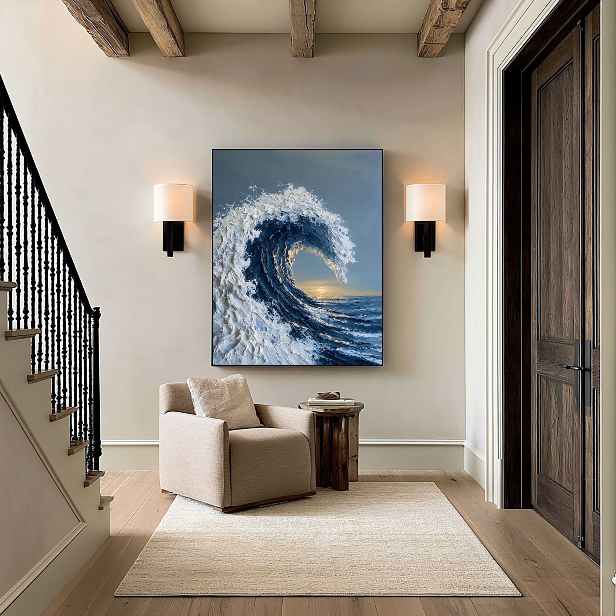 Large Ocean Wave Wall Art Textured Oil Painting Coastal Seascape Golden Horizon Blue Sea Abstract Artwork Modern Luxury Decor