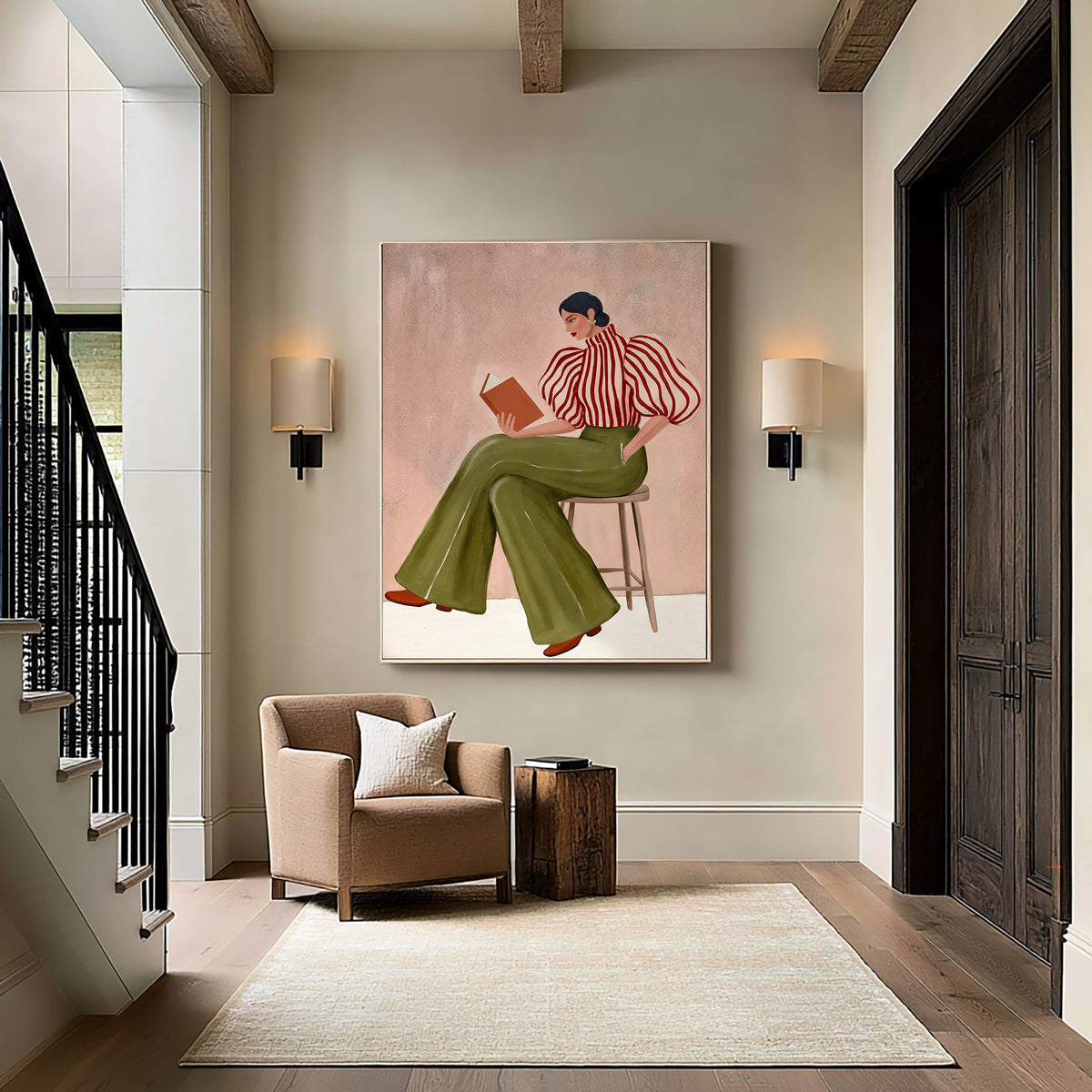 Large Textured Oil Painting Woman Reading Striped Blouse Olive Green Trousers