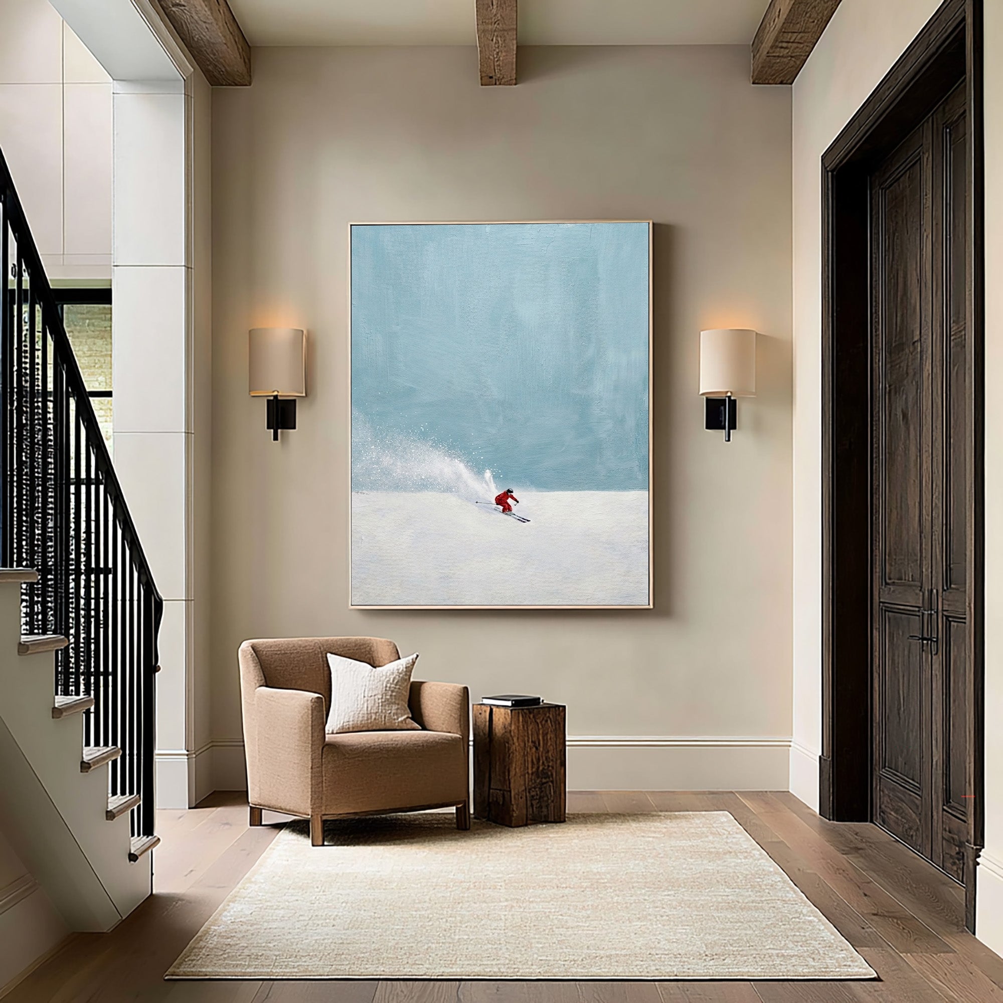 Large Contemporary Ski Wall Art Minimalist Snow Landscape Canvas Painting