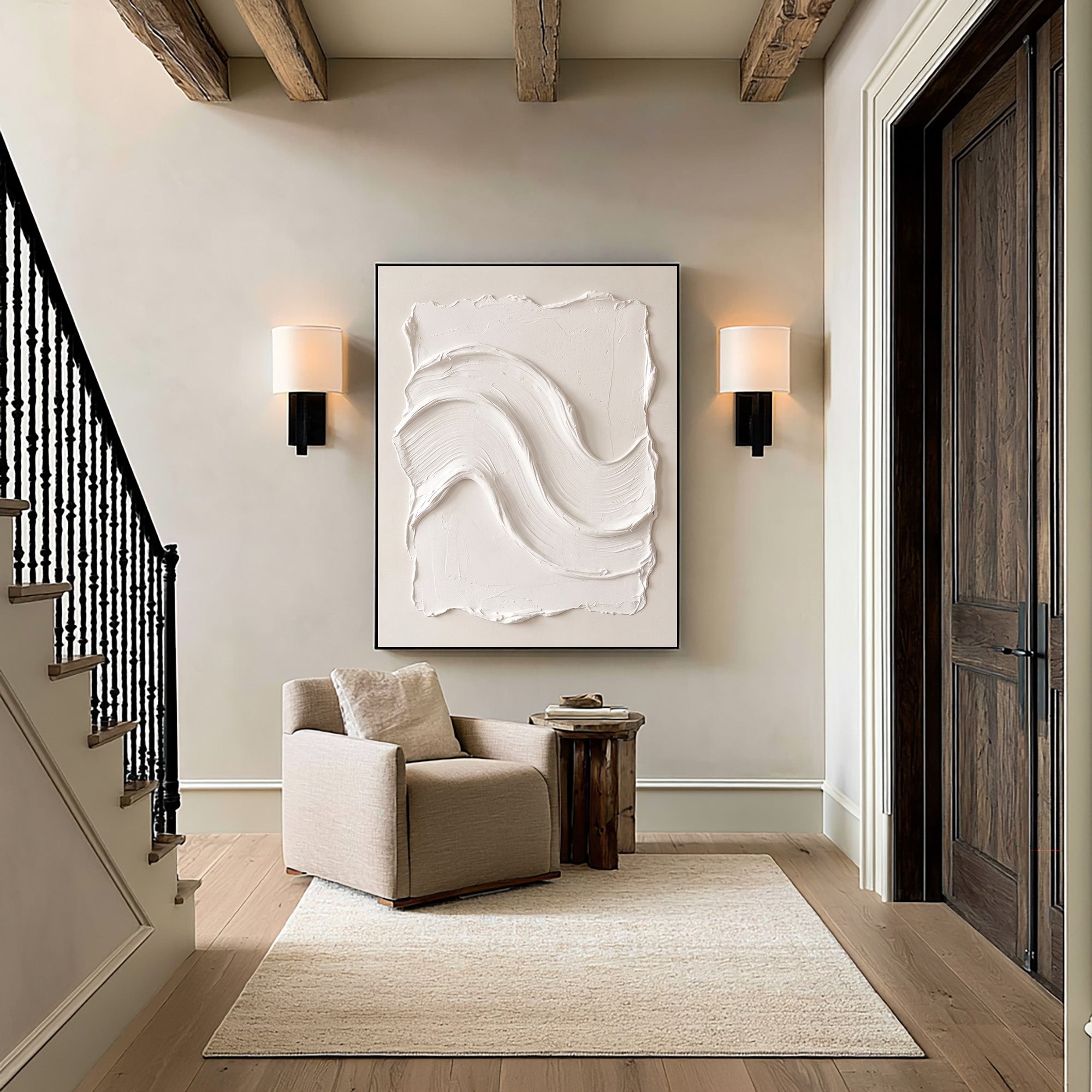 Large White Abstract Wall Art Textured Oil Painting Organic Wave Sculpture Minimalist Luxury Modern Interior Decoration