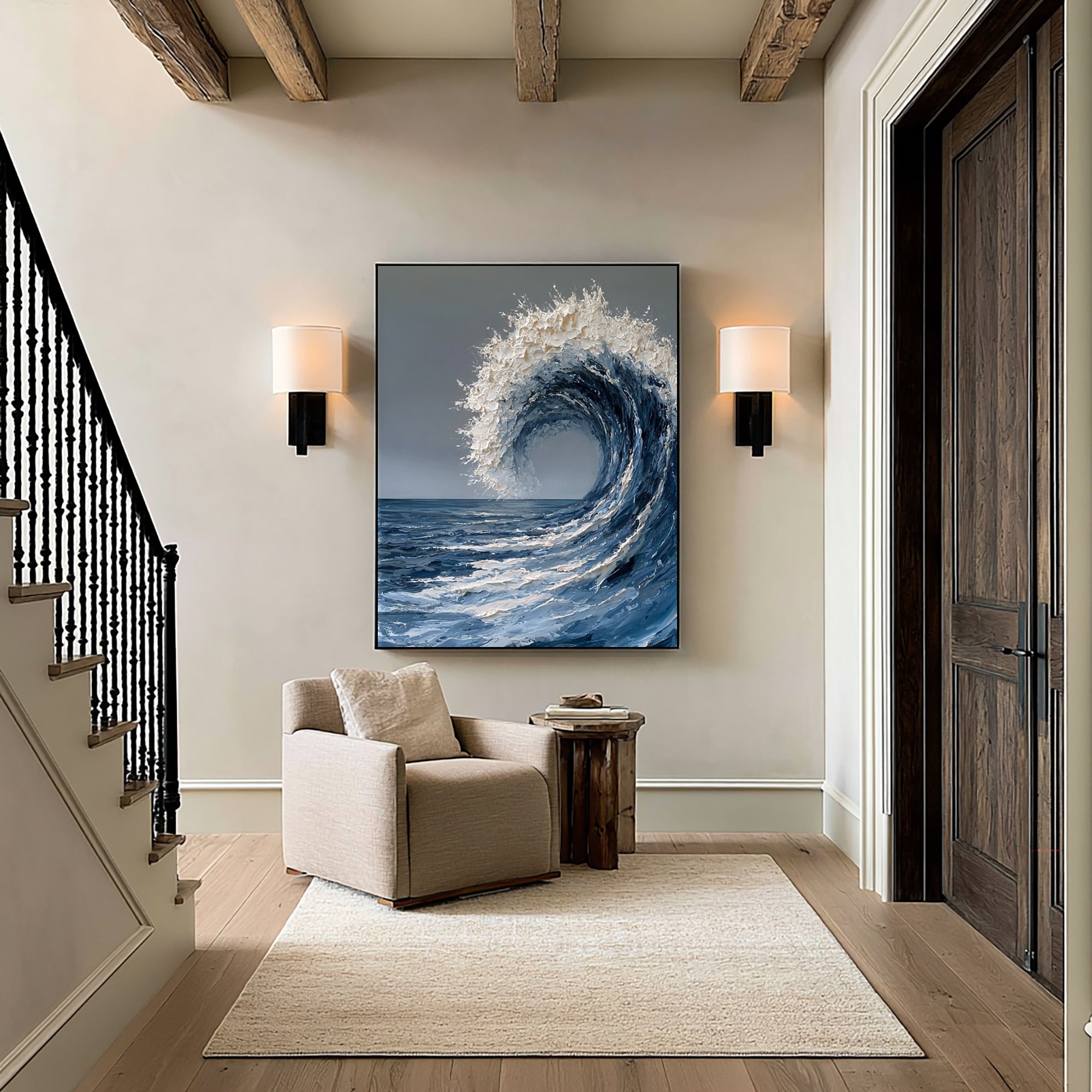 Large Ocean Wave Wall Art Textured Oil Painting Abstract Sea Wave Artwork Coastal Blue Ocean Decor Modern Luxury Interior Design
