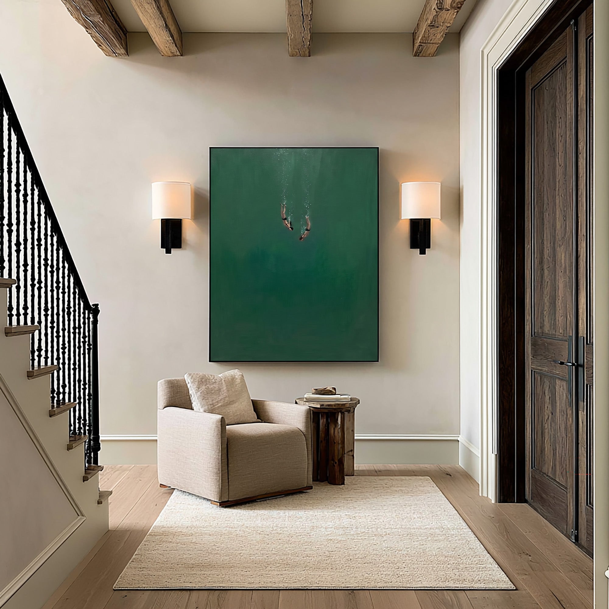Large Minimalist Underwater Diver Wall Art Contemporary Ocean Painting
