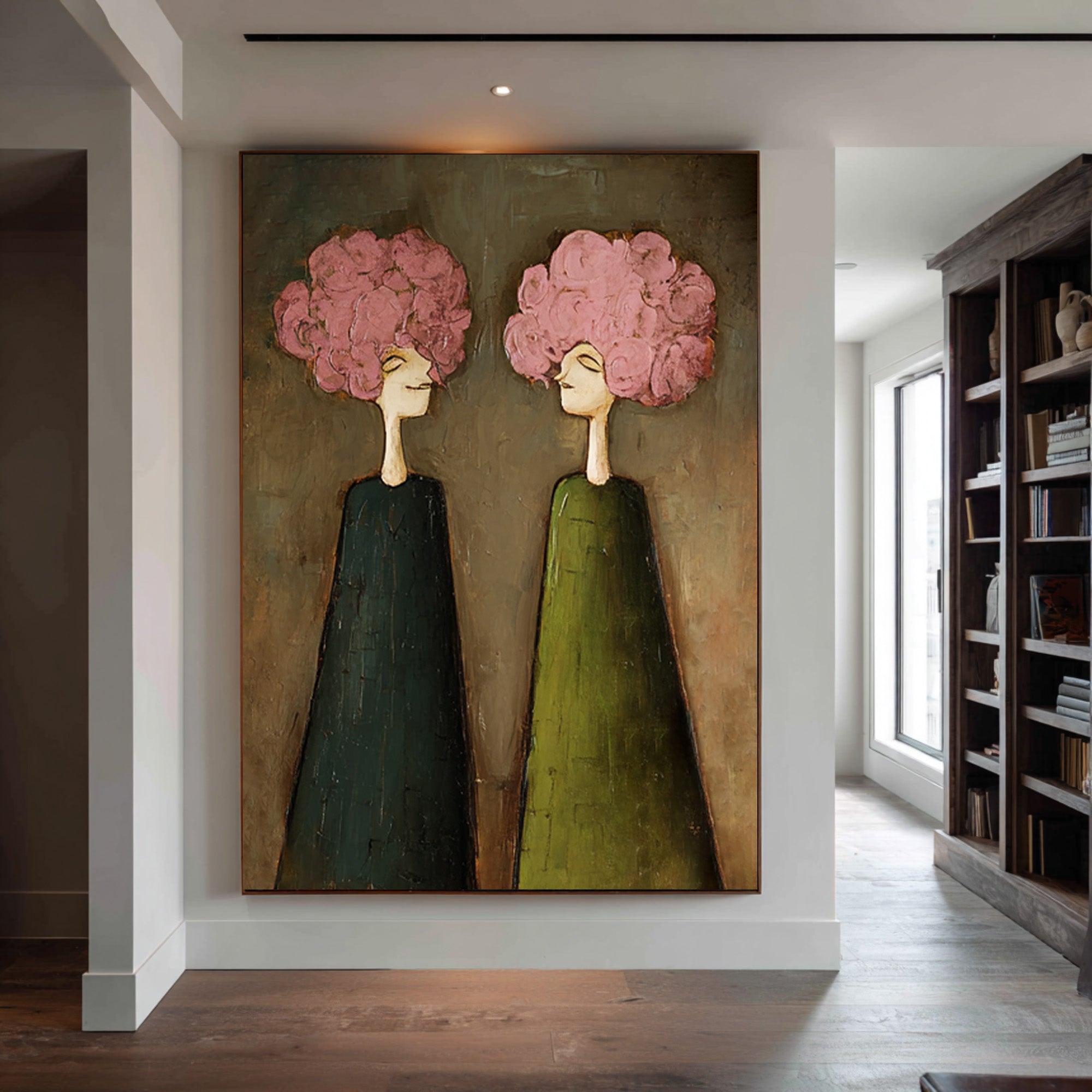 Large Pink Floral Portrait Oil Painting on Canvas – Modern Green Dress Wall Art #WAC 041