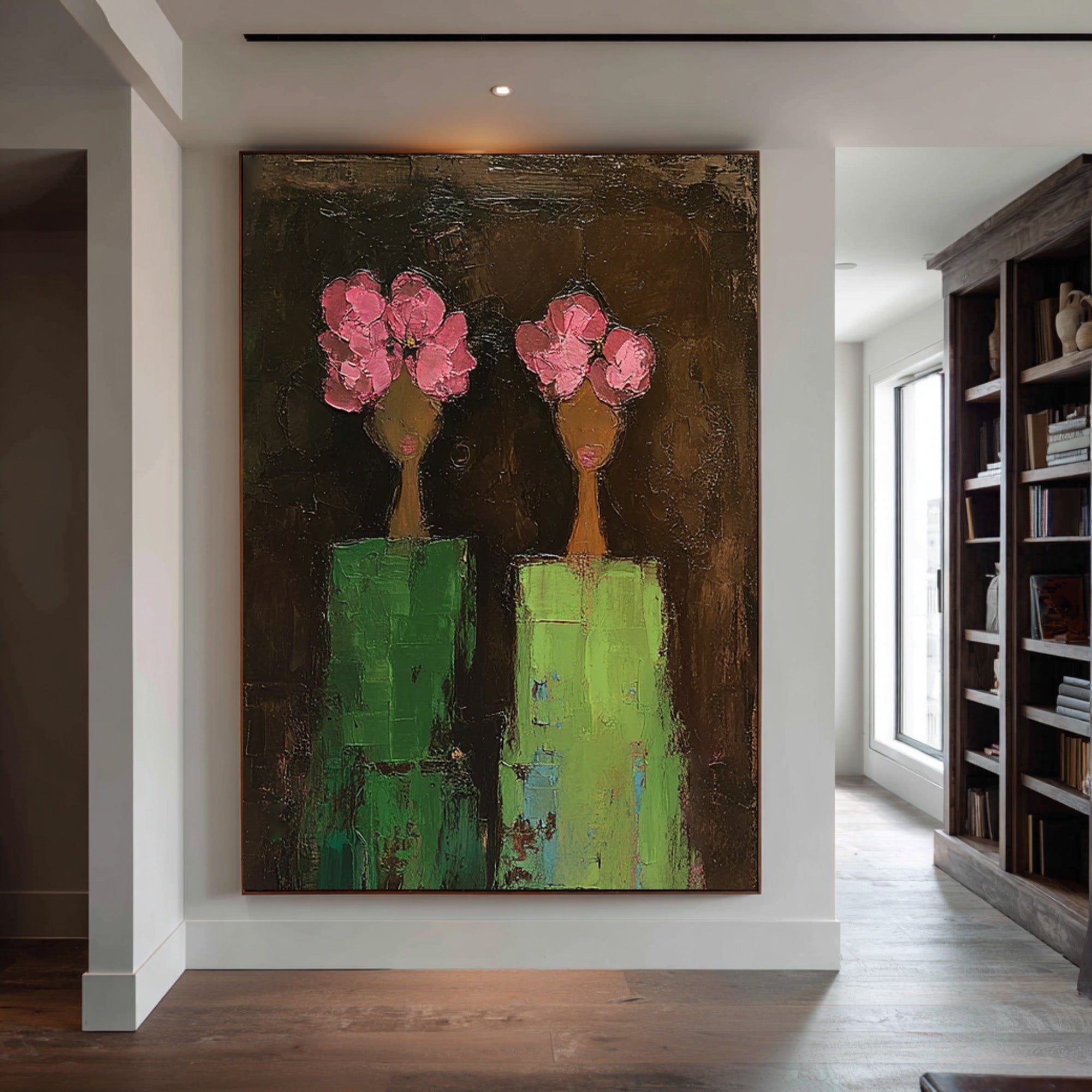 Large Modern Figurative Oil Painting on Canvas – Pink Floral Portrait Statement Wall Art #WAC 039