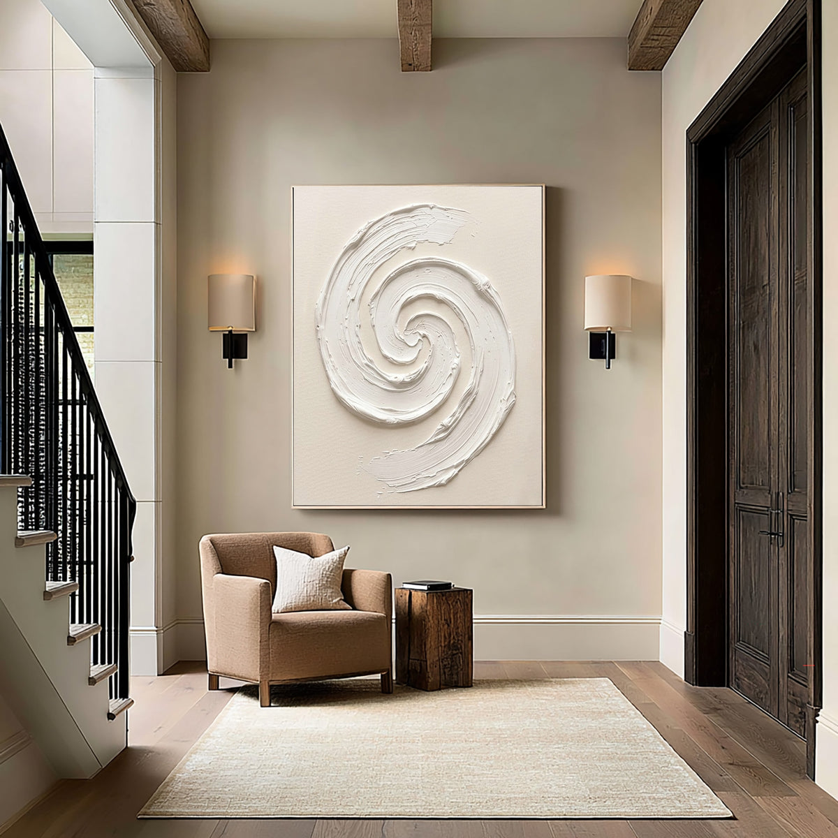 White Textured Abstract Spiral Oil Painting Large Minimalist Wall Art Handmade Impasto Artwork
