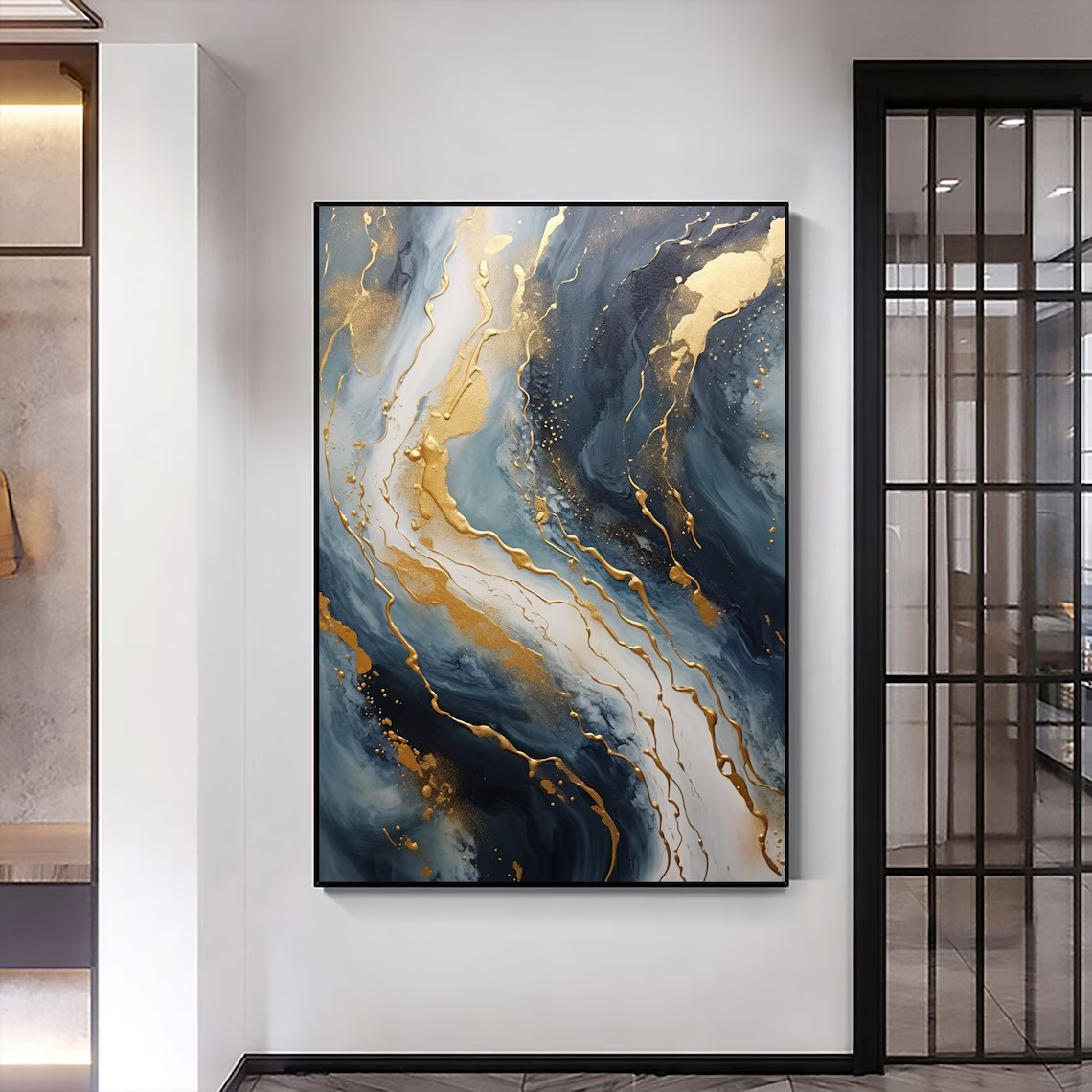 Elegant Flow Abstract Wall Art in Blue and Gold #BGA 056