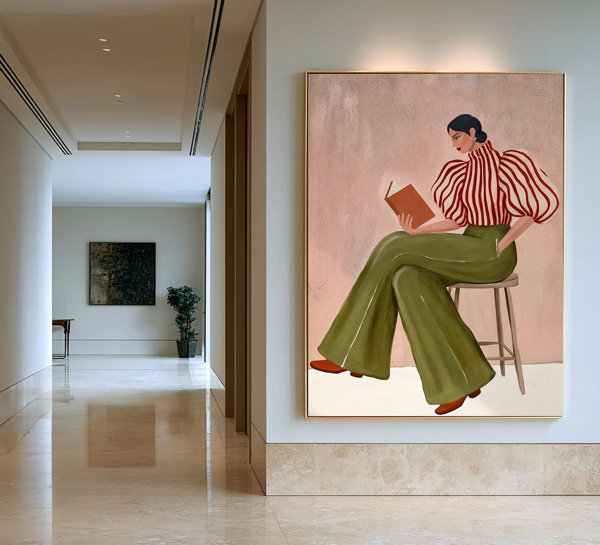 Large Textured Oil Painting Woman Reading Striped Blouse Olive Green Trousers