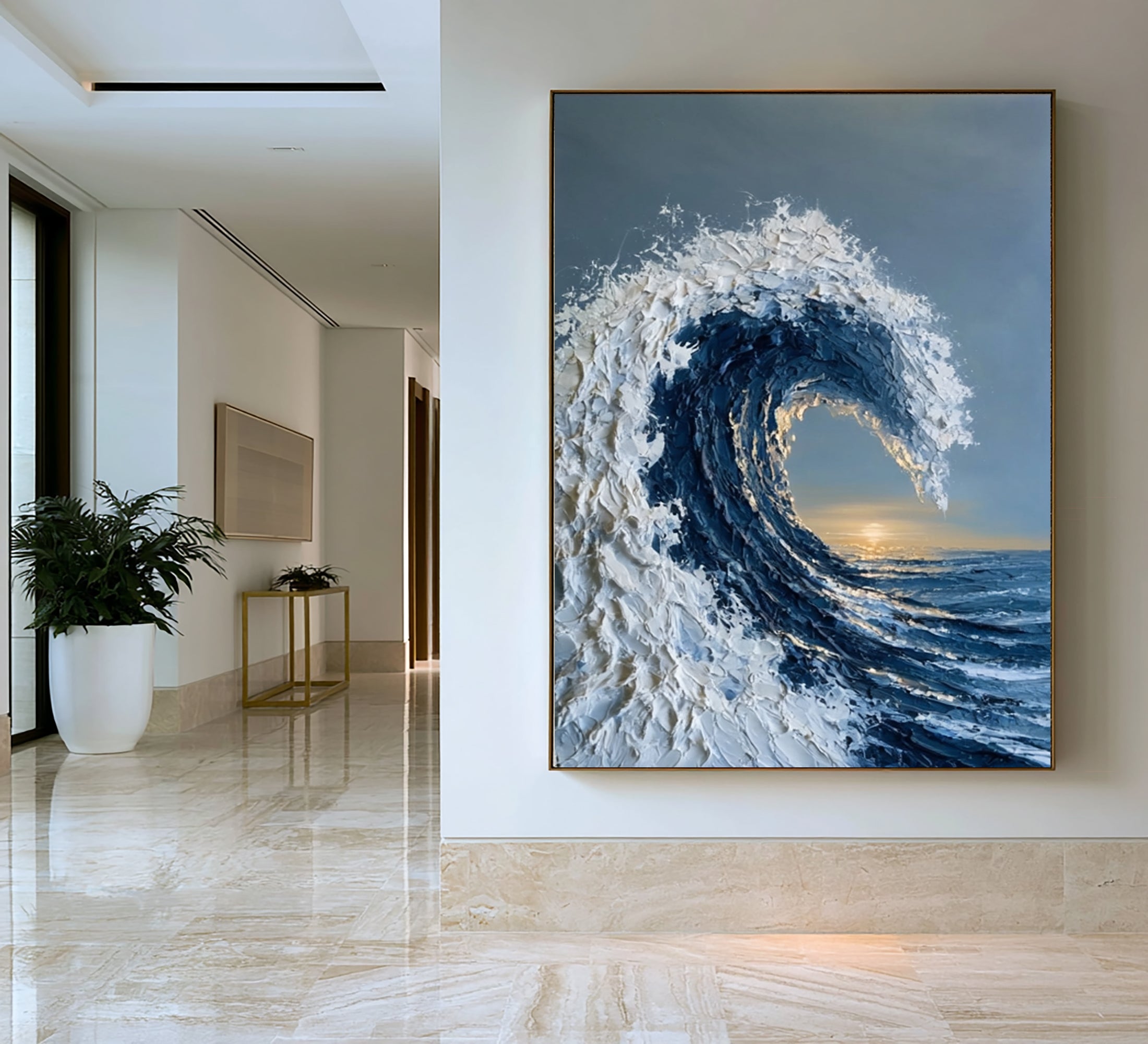 Large Ocean Wave Wall Art Textured Oil Painting Coastal Seascape Golden Horizon Blue Sea Abstract Artwork Modern Luxury Decor