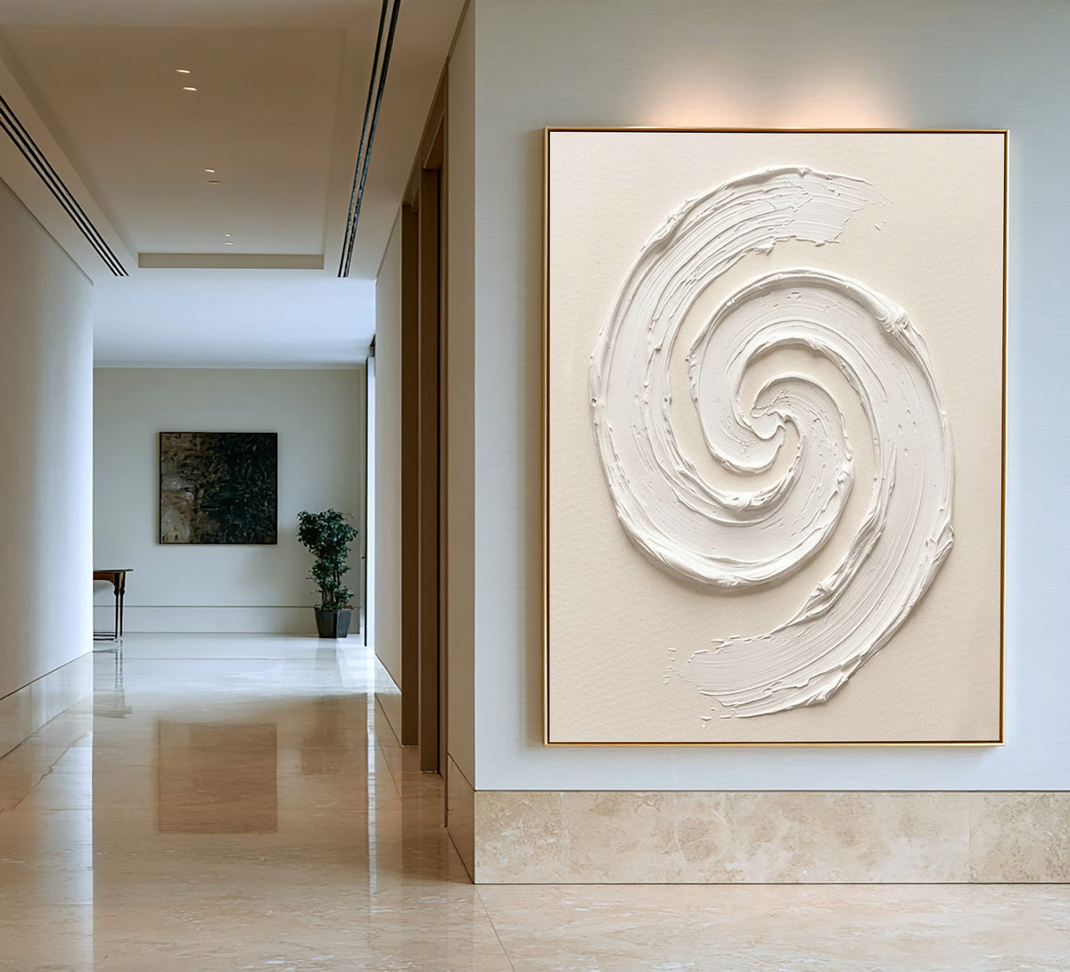 White Textured Abstract Spiral Oil Painting Large Minimalist Wall Art Handmade Impasto Artwork