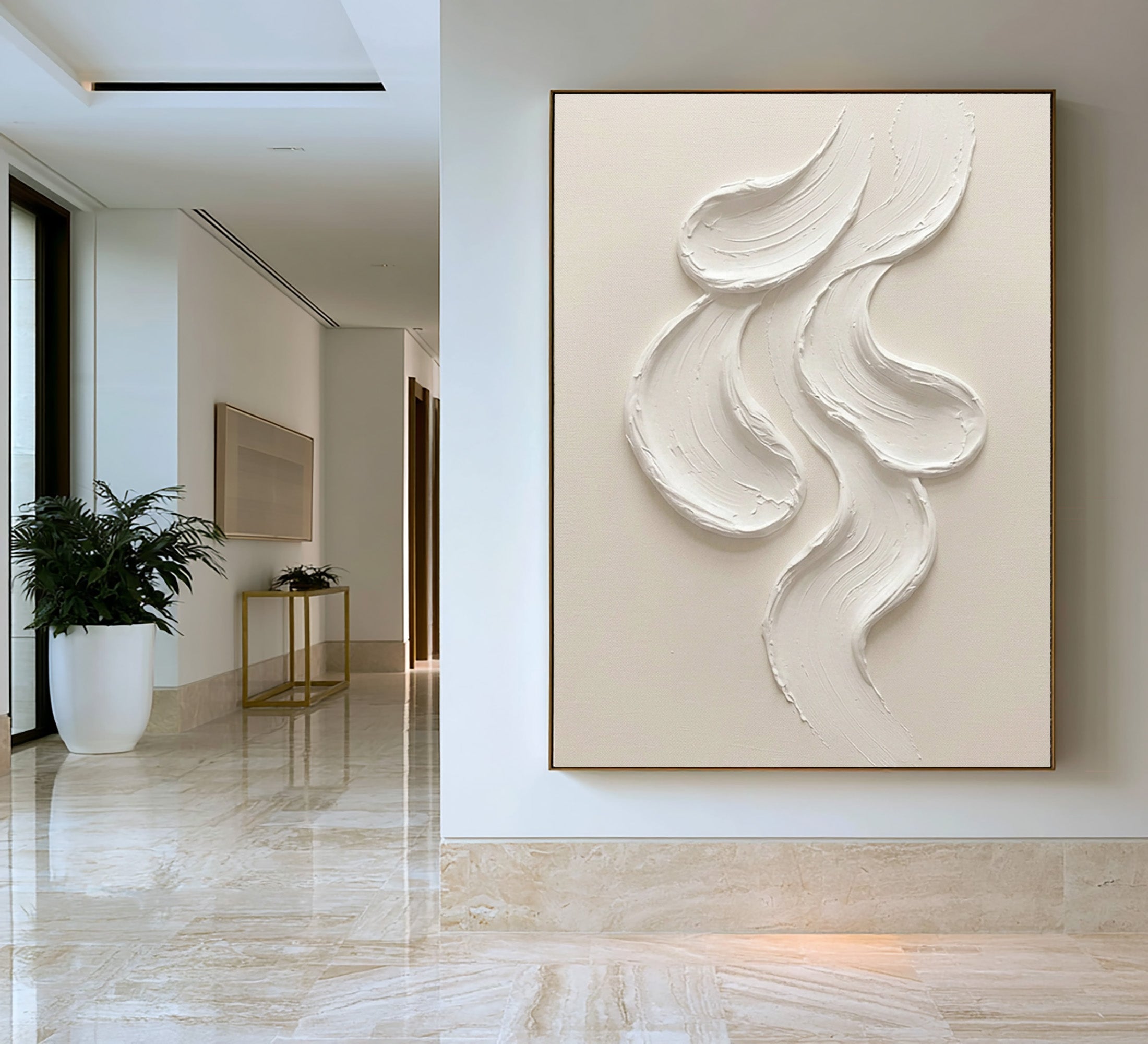 Large Abstract White Wall Art Textured Oil Painting Minimalist Sculptural Artwork Modern Neutral Contemporary Interior Decor