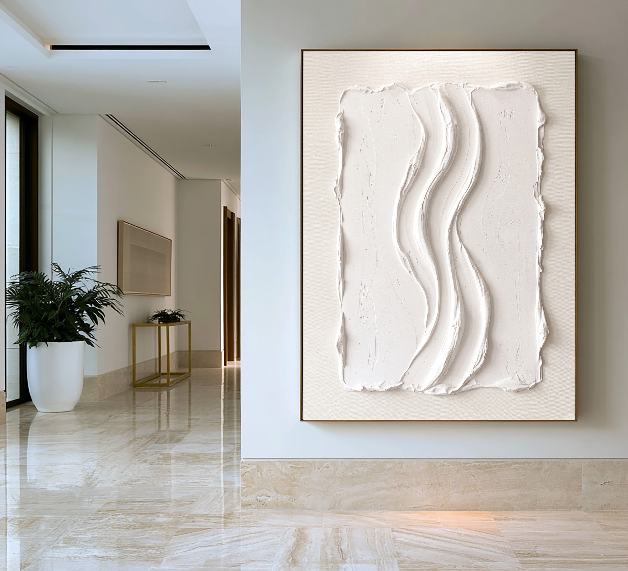 Large White Textured Wall Art Abstract Oil Painting Vertical Flow Sculpture Minimalist Modern Contemporary Interior Decor