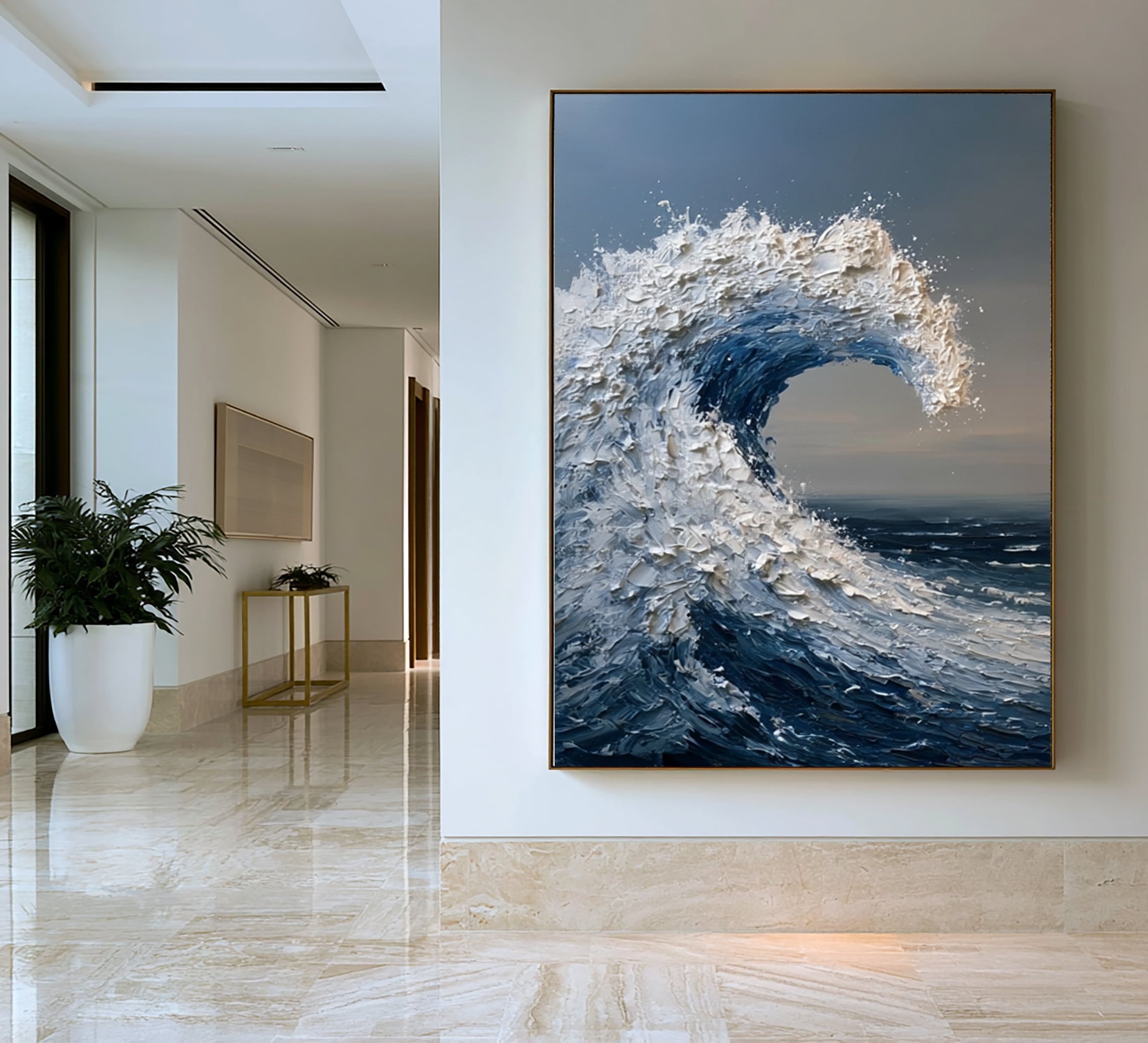 Large Coastal Ocean Wave Wall Art Textured Oil Painting Blue Sea Artwork Modern Beach House Decor Luxury Interior Design