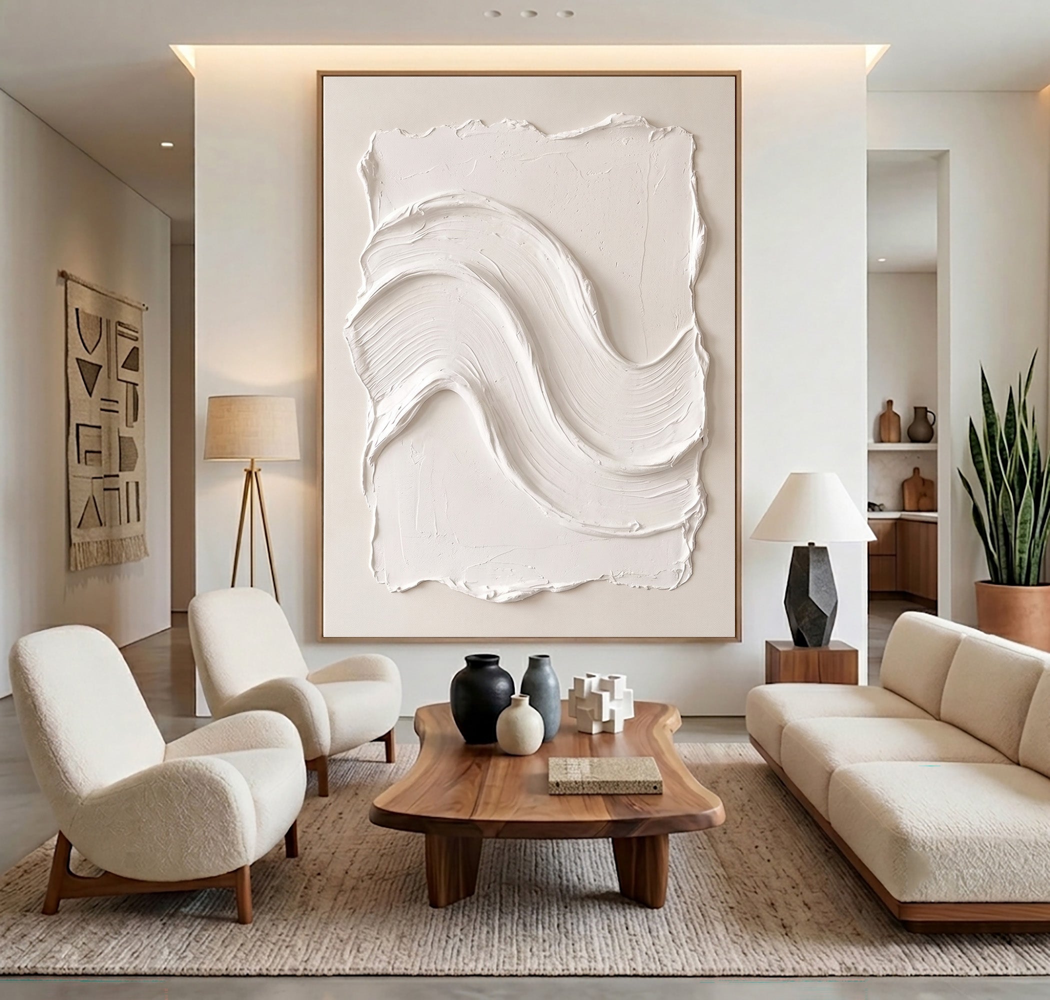 Large White Abstract Wall Art Textured Oil Painting Organic Wave Sculpture Minimalist Luxury Modern Interior Decoration