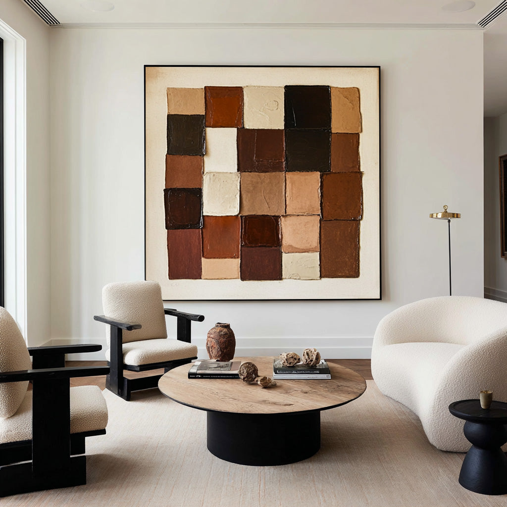 Large Geometric Block Abstract Oil Painting, Earth Tone Wall Art for Modern Entryway Decor #WAC 010