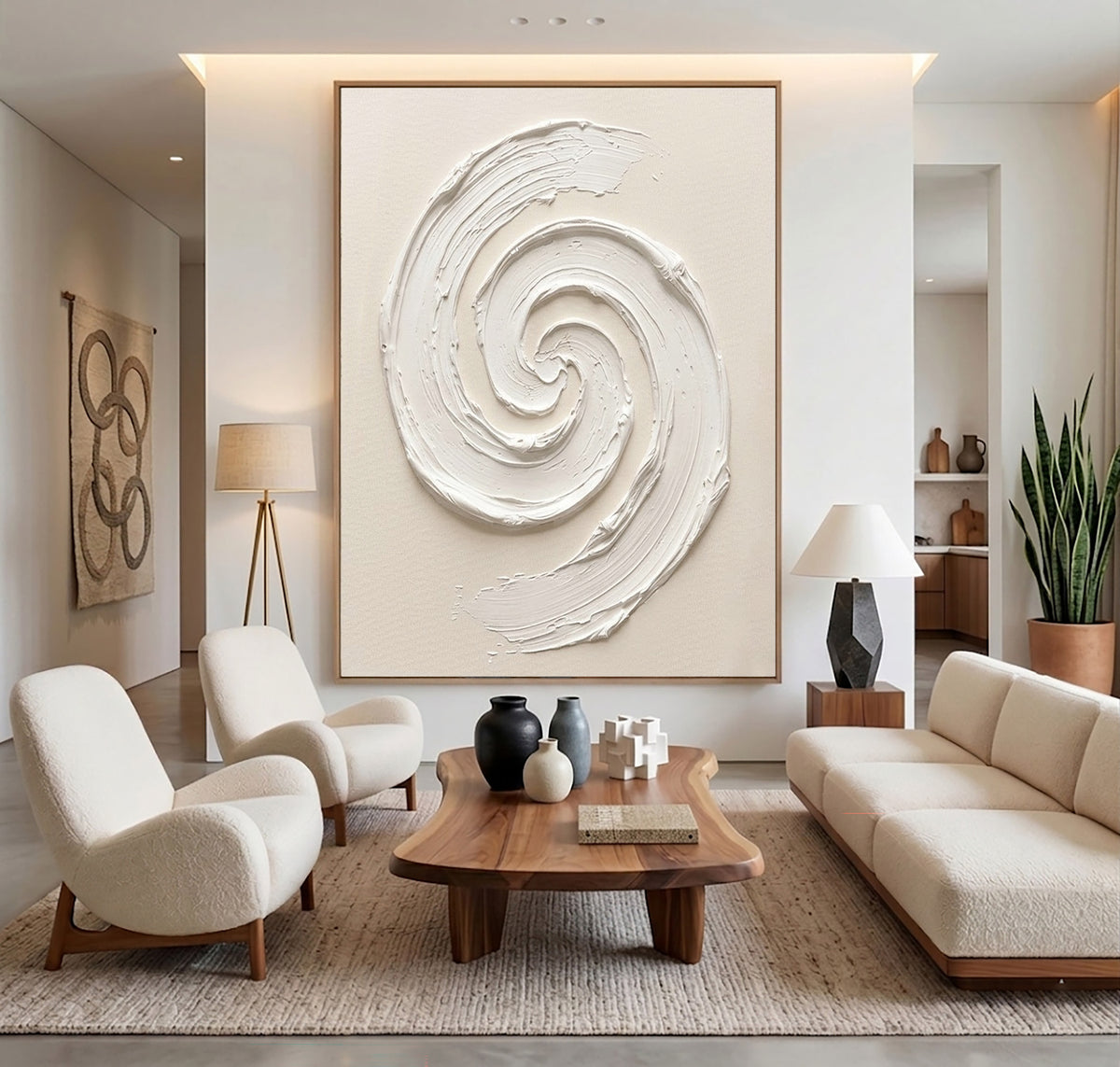 White Textured Abstract Spiral Oil Painting Large Minimalist Wall Art Handmade Impasto Artwork