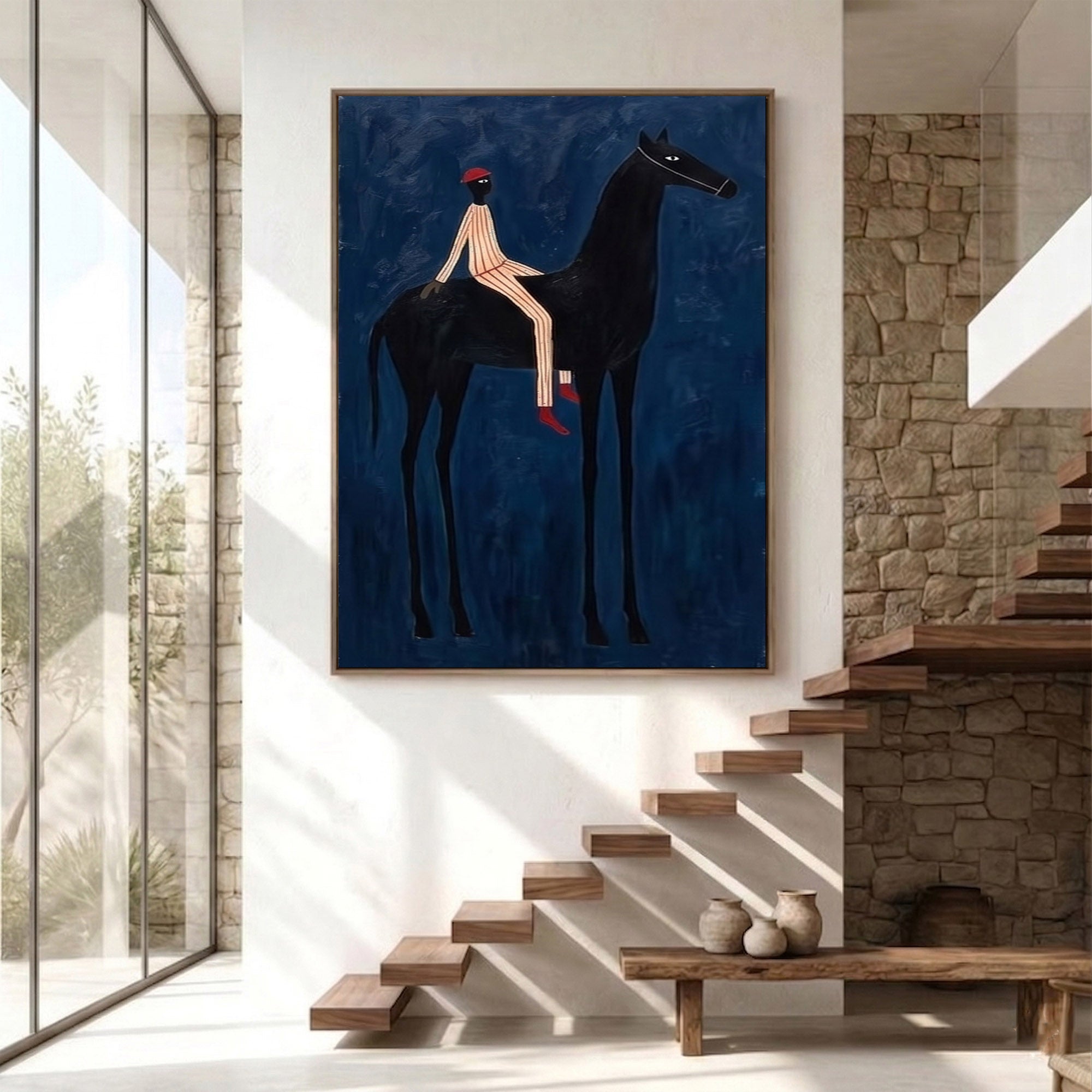 Large Cowboy Wall Art Modern Equestrian Horse Painting Midnight Rider